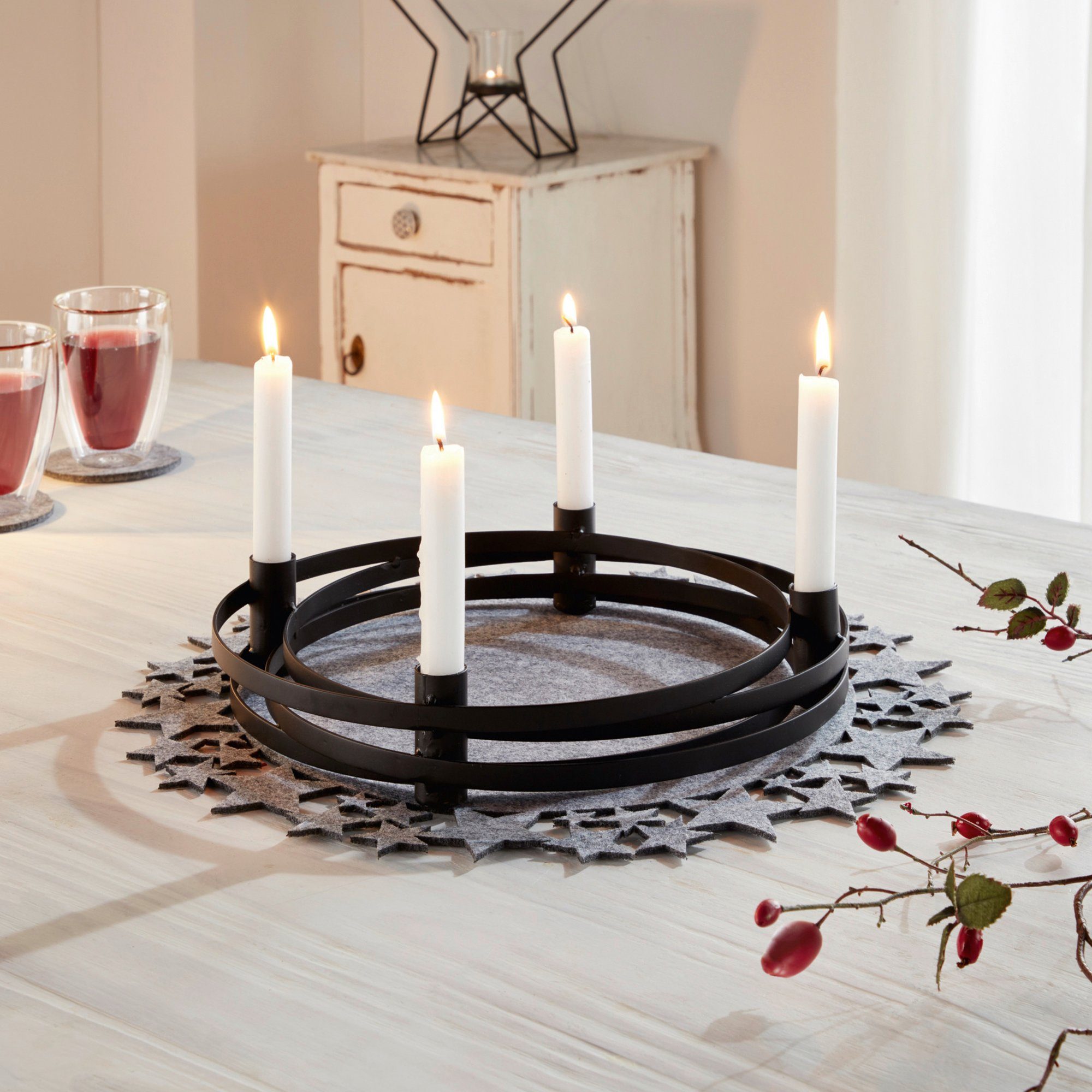 aus Tischkranz, Ø Adventskranz Dekoleidenschaft "Modern" Weihnachtskranz Metall, Kerzenhalter Tischdeko, 4 Kerzen, rund, für cm, 34 Metallkranz,
