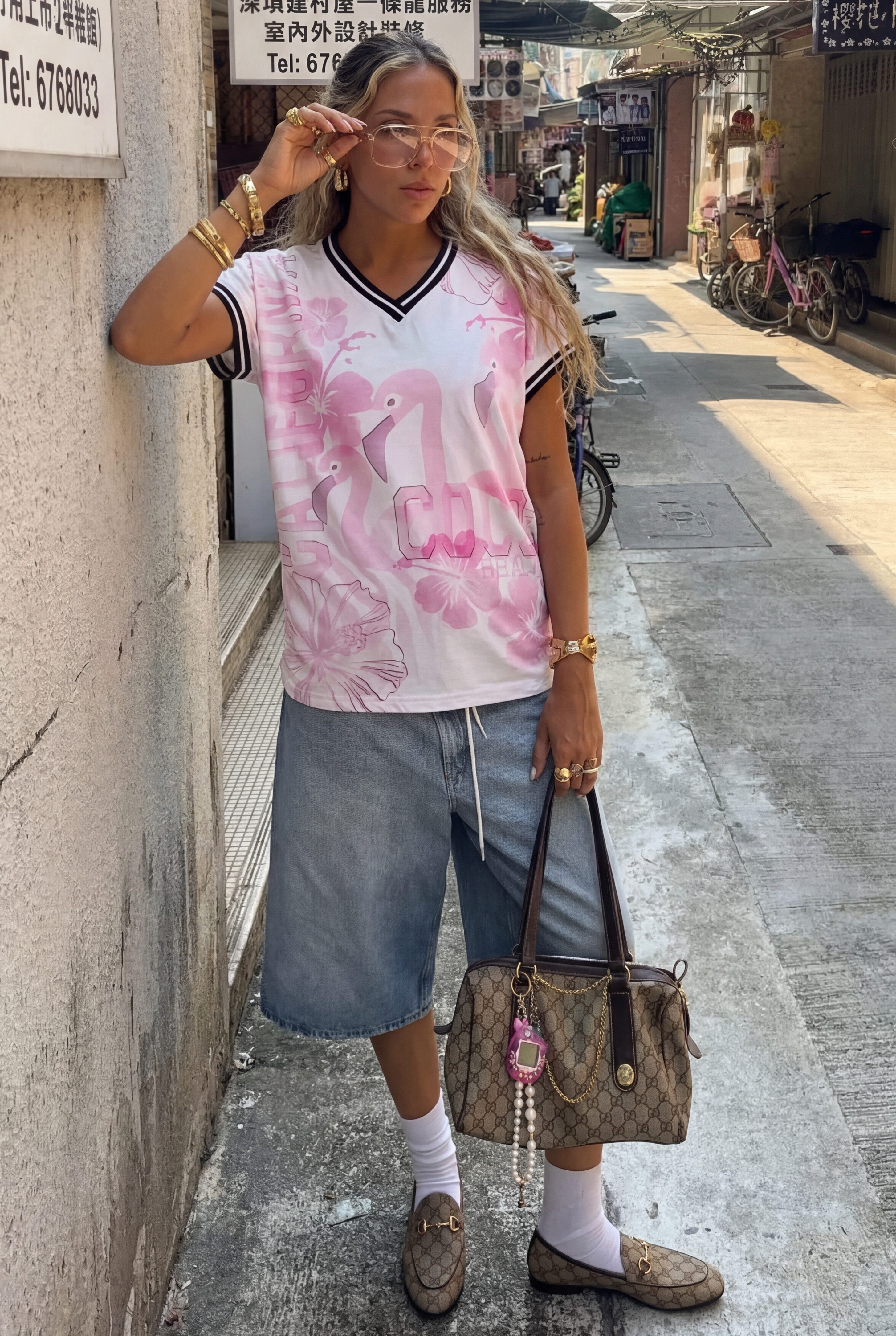 six-o-seven T-Shirt T-Shirt mit Flamingo Print und Bündchen im trendigen Sommer Style