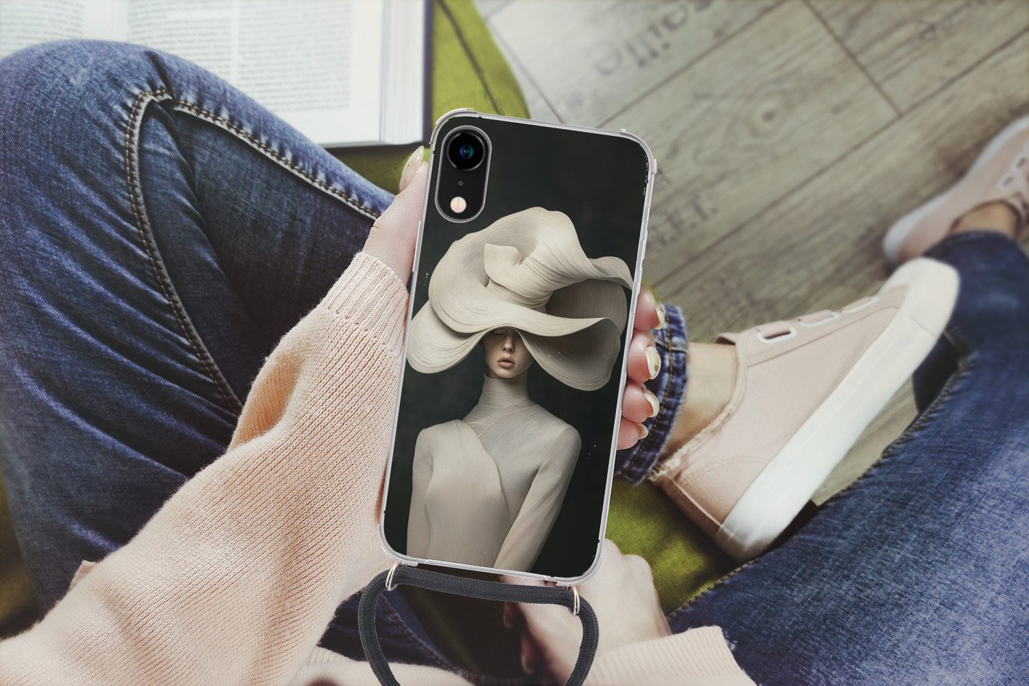 MuchoWow Handyhülle für Apple iPhone XR Modern - Frau - Hut, Tragbare Handyhüllen mit Kette zum umhängen, Handykette Handyband