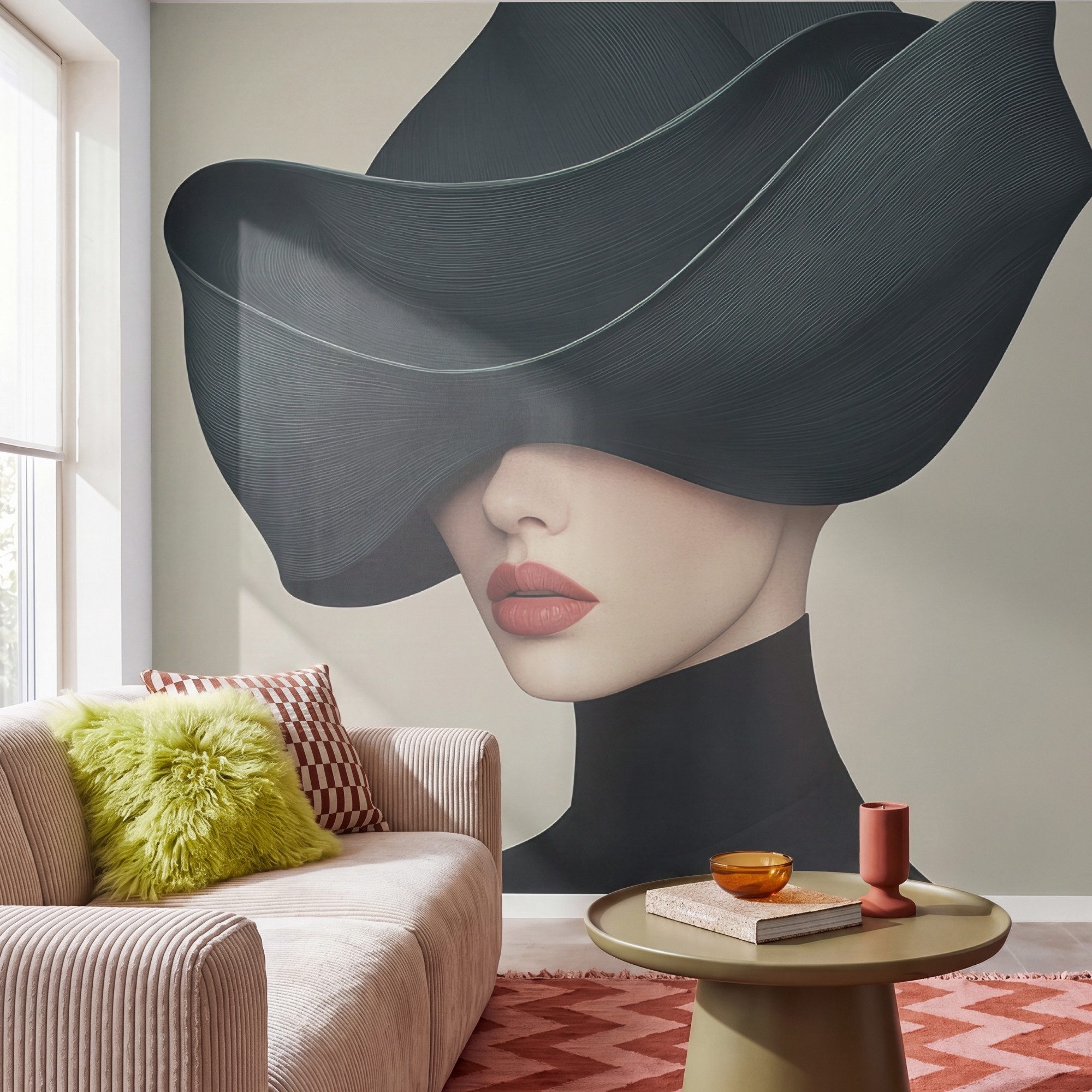 OnlyWow Fototapete Frau - Grün - Hut, Matt, bedruckt, Wandtapete, Modern, Vinyl Tapete 280x300cm