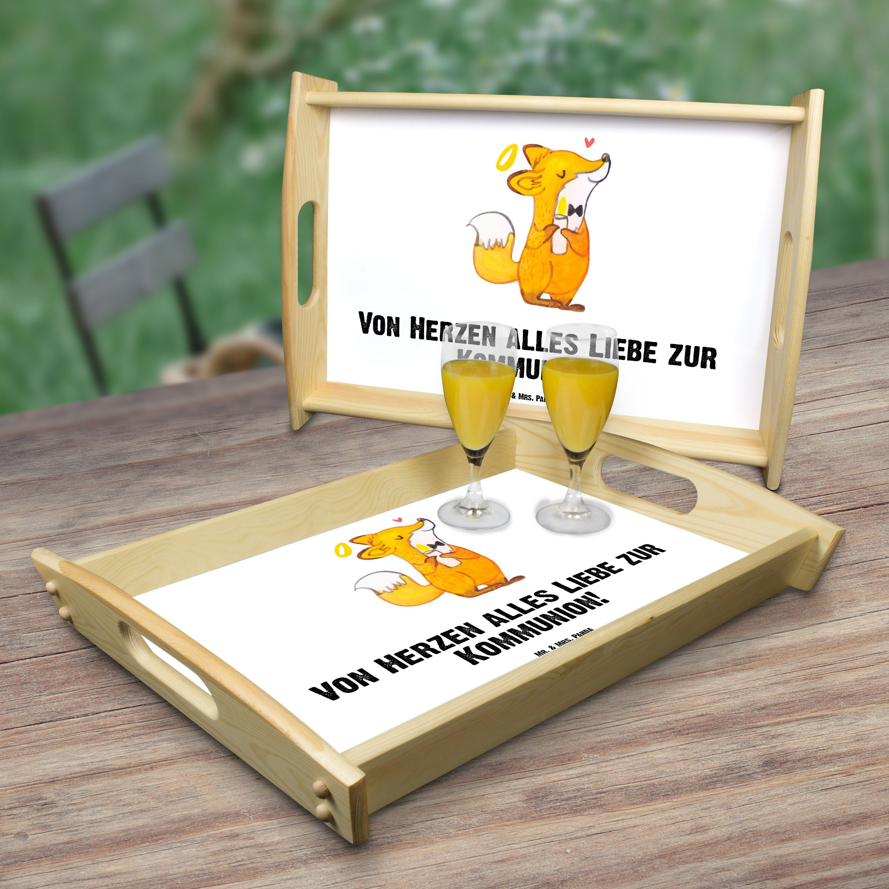 Mr. & Mrs. Panda Tablett Fuchs Kommunion - Weiß - Geschenk, Kommunion Dankeschön, Liebe, Küche, Echtholz lasiert, (1-tlg)