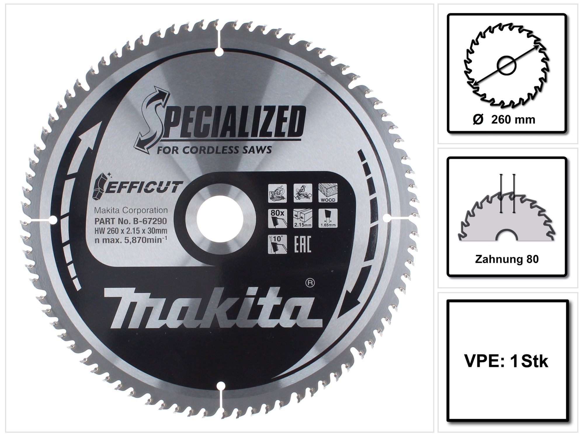 Makita Kreissägeblatt CMSXF26080G SPECIALIZED EFFICUT Sägeblatt 260 x 30 x 1,65 mm (B-6729