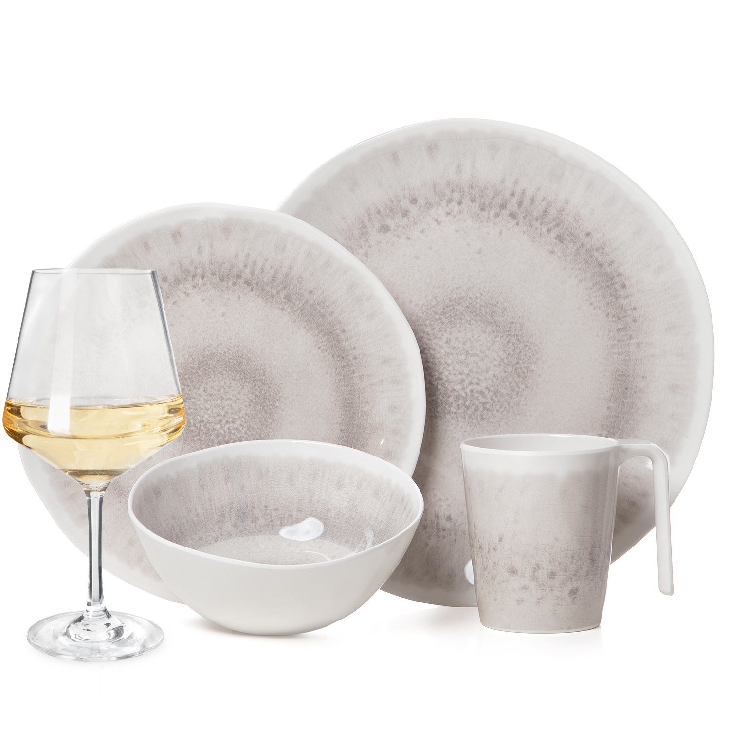 Moritz Geschirr-Set Camping Geschirr Amboss 4 Personen + 4 Milano Weißweingläser