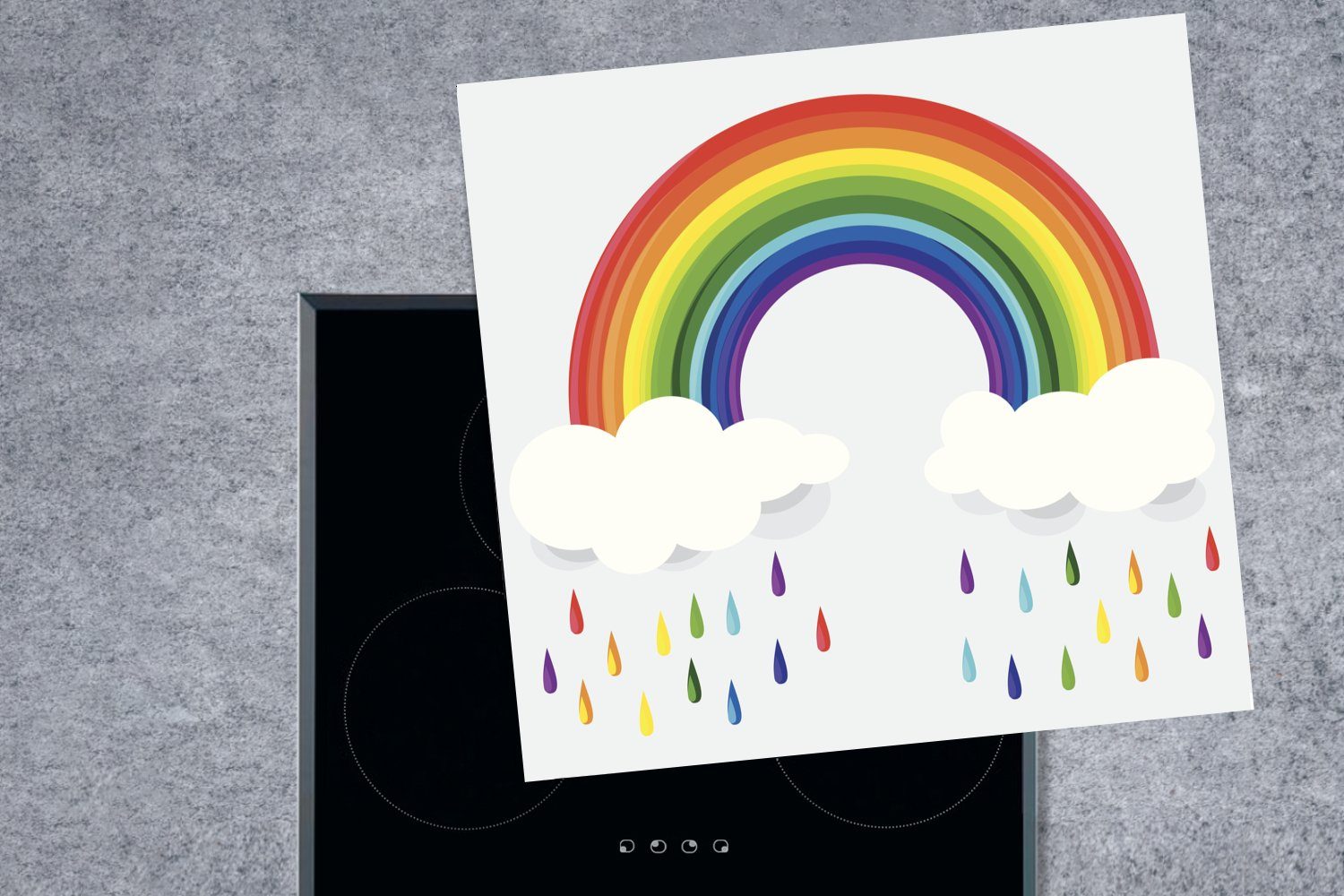 (1 eines Regenbogentropfen, Ceranfeldabdeckung, Eine Vinyl, cm, Illustration küche tlg), Arbeitsplatte Wolken 78x78 und Regenbogens MuchoWow Herdblende-/Abdeckplatte mit für