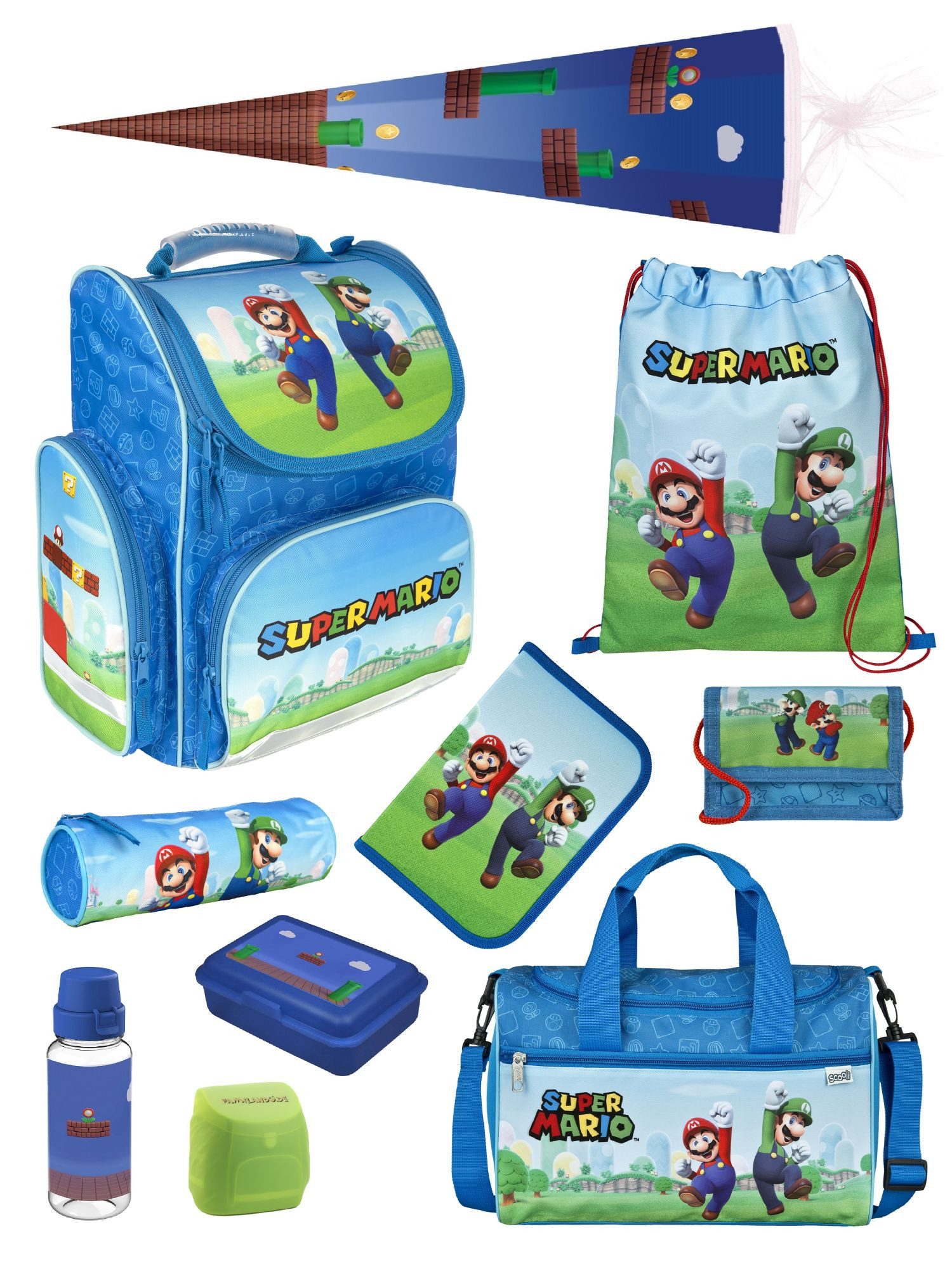 Familando Schulranzen Clou Super Mario Schultasche, blau, ab 1. Klasse (Komplett-Set, 10-tlg., mit Lunch-Set, Sporttasche und Schultüte 85 cm), kompakt, leicht, robust