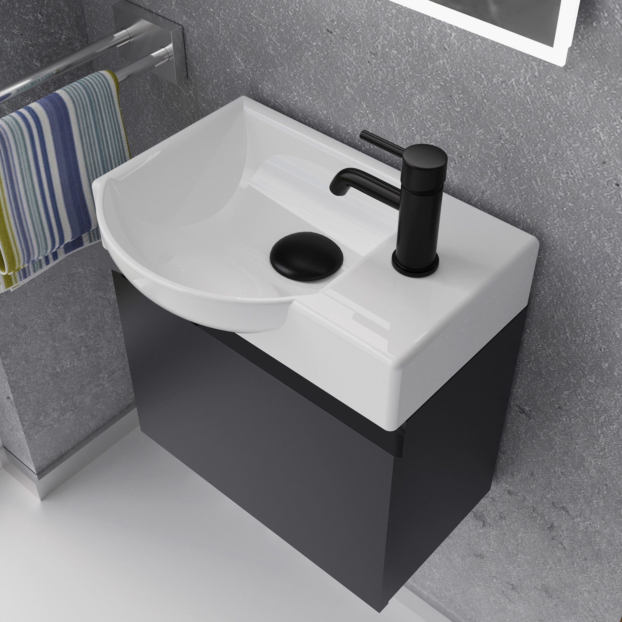 Alpenberger Badmöbel-Set - Gäste WC Waschbecken mit Unterschrank 45 cm Breit, (Badschrank 2-tlg., Waschtisch hängend), Waschbeckenunterschrank mit Softclose - Schwarz - Links Becken