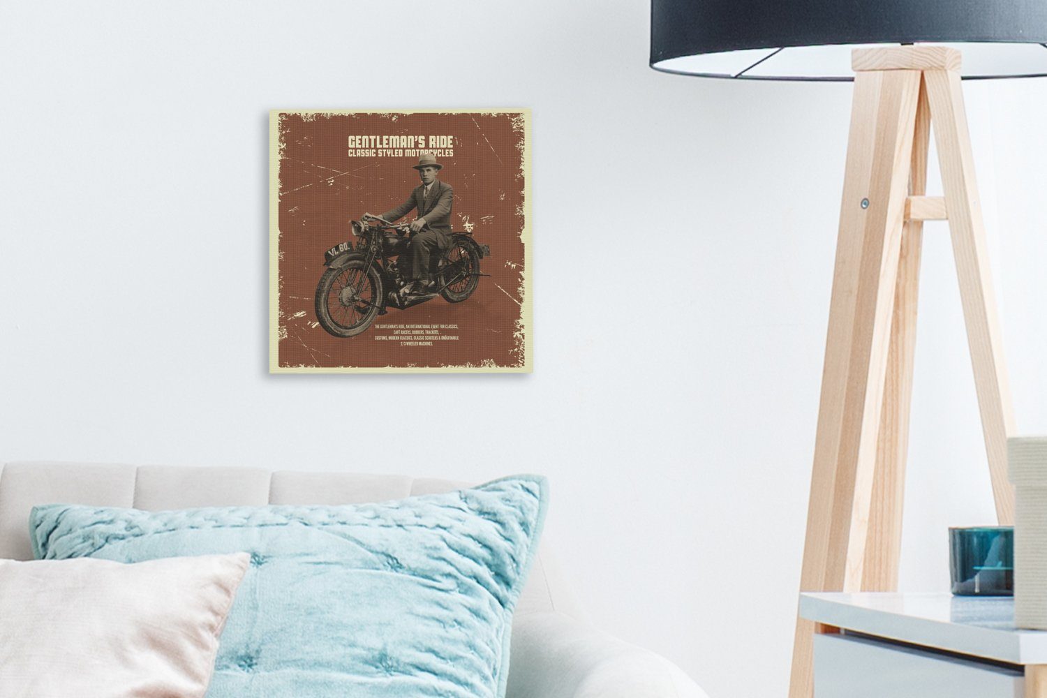 OneMillionCanvasses® Leinwandbild Mancave - Motorrad - für Anzug - Bilder Vintage, Wohnzimmer Leinwand Schlafzimmer (1 St)