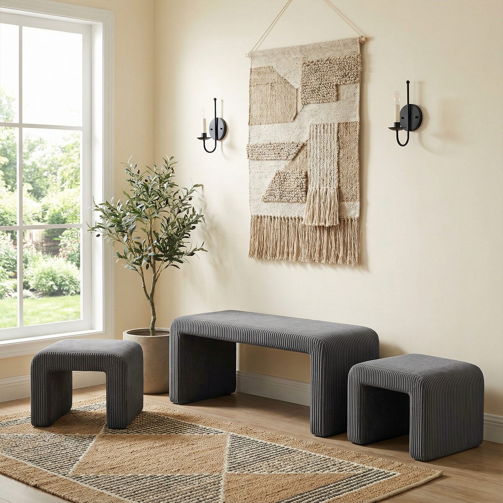 TLGREEN Sitzbank 103 cm × 44 cm × 43cm Polsterbank Set mit Fußhocker, (Doppelbank für 2 Personen,belastbar bis 136 kg,moderner Stoffbezug)