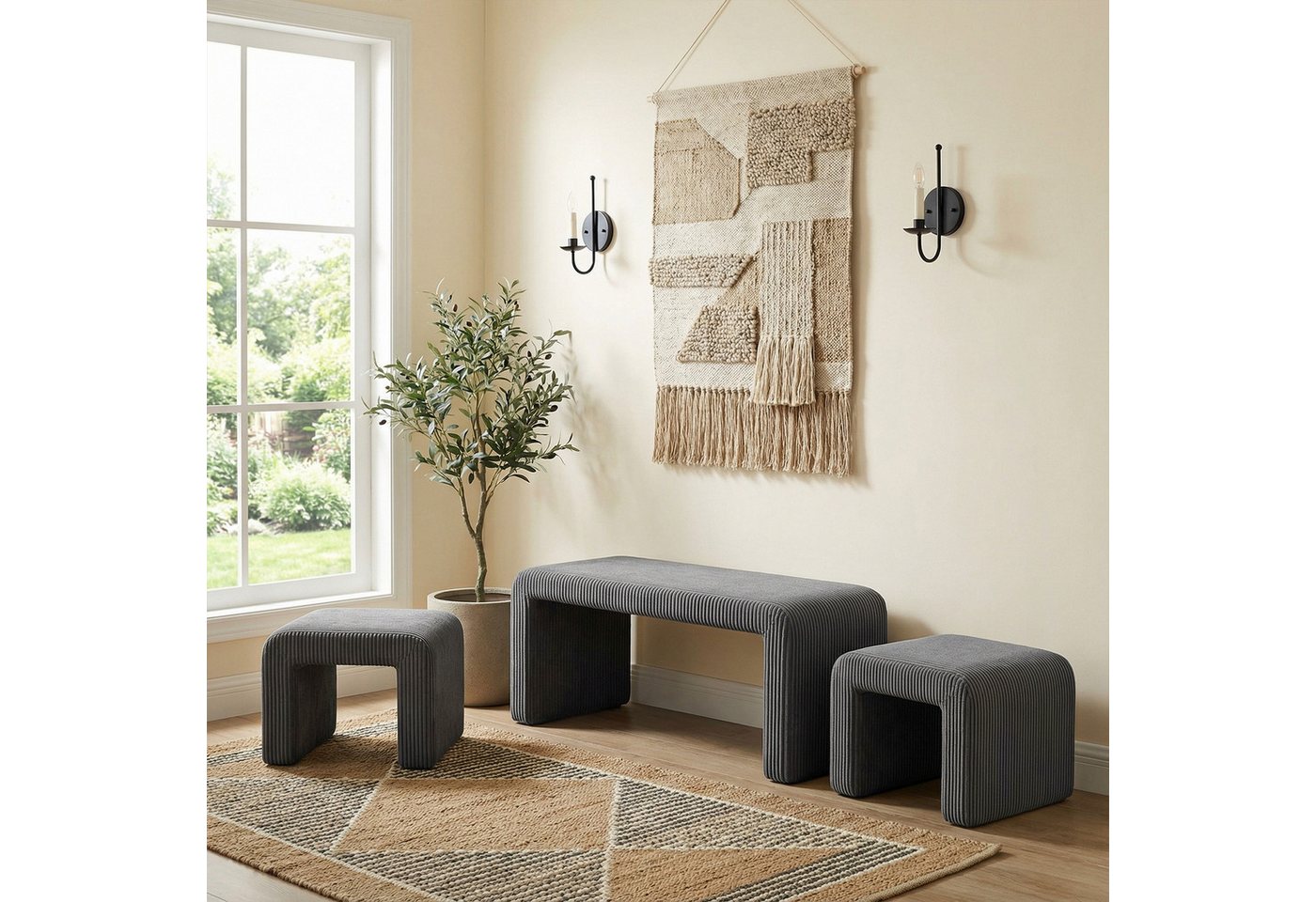 TLGREEN Sitzbank 103 cm × 44 cm × 43cm Polsterbank Set mit Fußhocker, (Doppelbank für 2 Personen,belastbar bis 136 kg,moderner Stoffbezug)