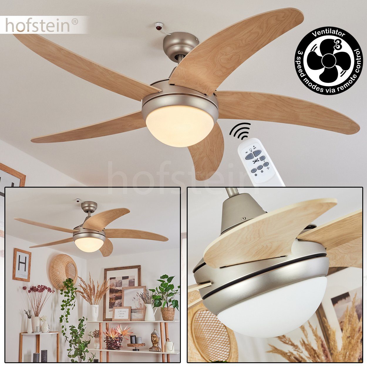 hofstein Deckenventilator »Quarto« Ventilator aus Metall/Holz/Glas günstig online kaufen