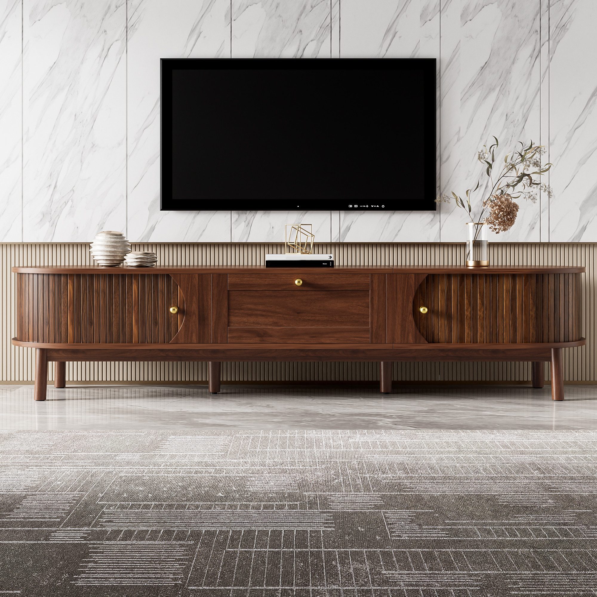 OKWISH TV-Schrank 170x39,5x38 cm in Nussbaum mit Schubladen & Schiebetüren (Packung, 1-St., Klassisch abgerundete Ecken – Robuste Holzbeine, fürs Wohnzimmer) Bietet ausreichend Stauraum für TV-Zubehör und Bücher.