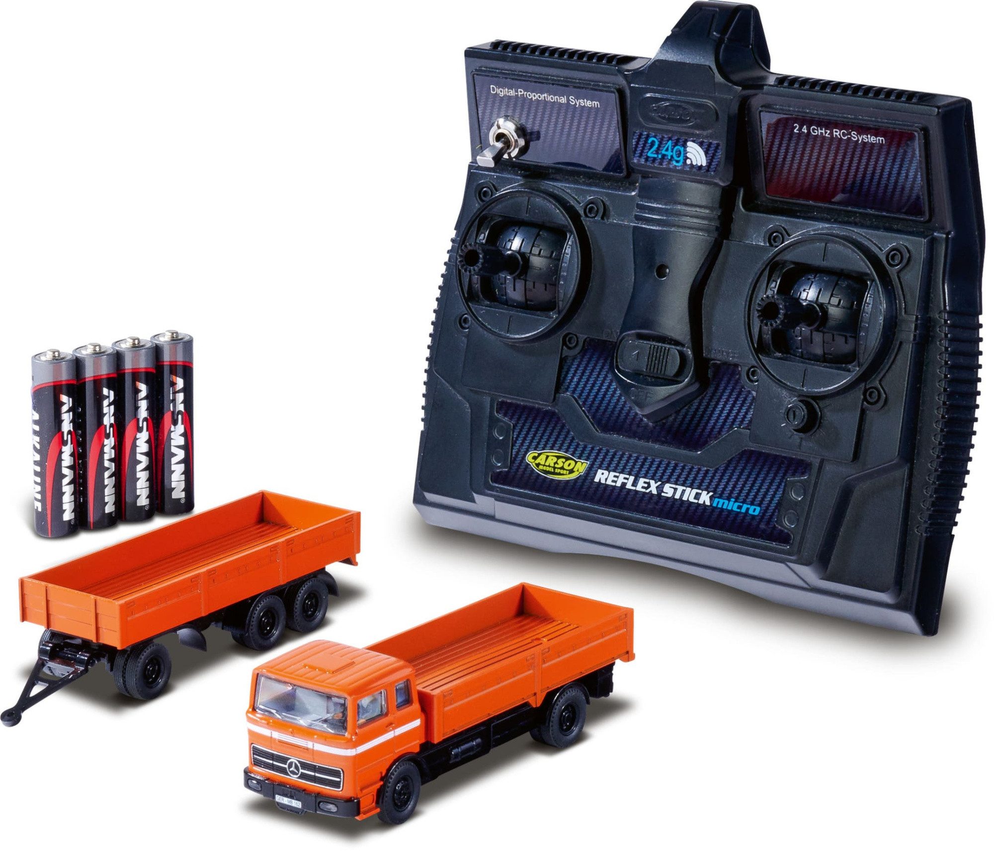 CARSON Modelleisenbahn Startpaket Carson 1:87 MB 1620 Pritsche m.Anhänger 100% orange