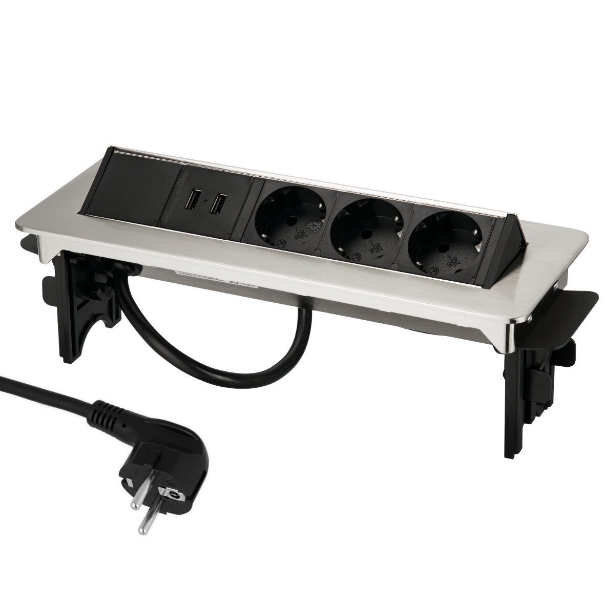 ADAKAT Einbau-Tischsteckdosenleiste 5-fach 1.80 m) 2x USB-A + Kabellänge 2,1A, (3x 5V Schutzkontaktsteckdose