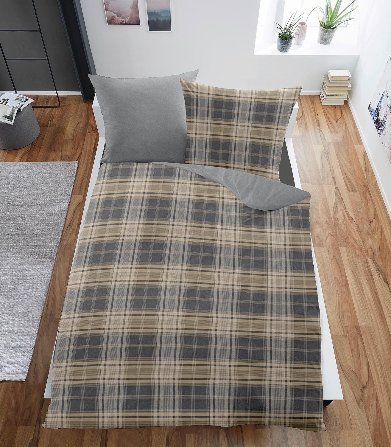Wülfing Bettwäsche FIN, Silbergrau, Creme, Karomuster, 135 x 200 cm, Baumwolle, mit Reißverschluss