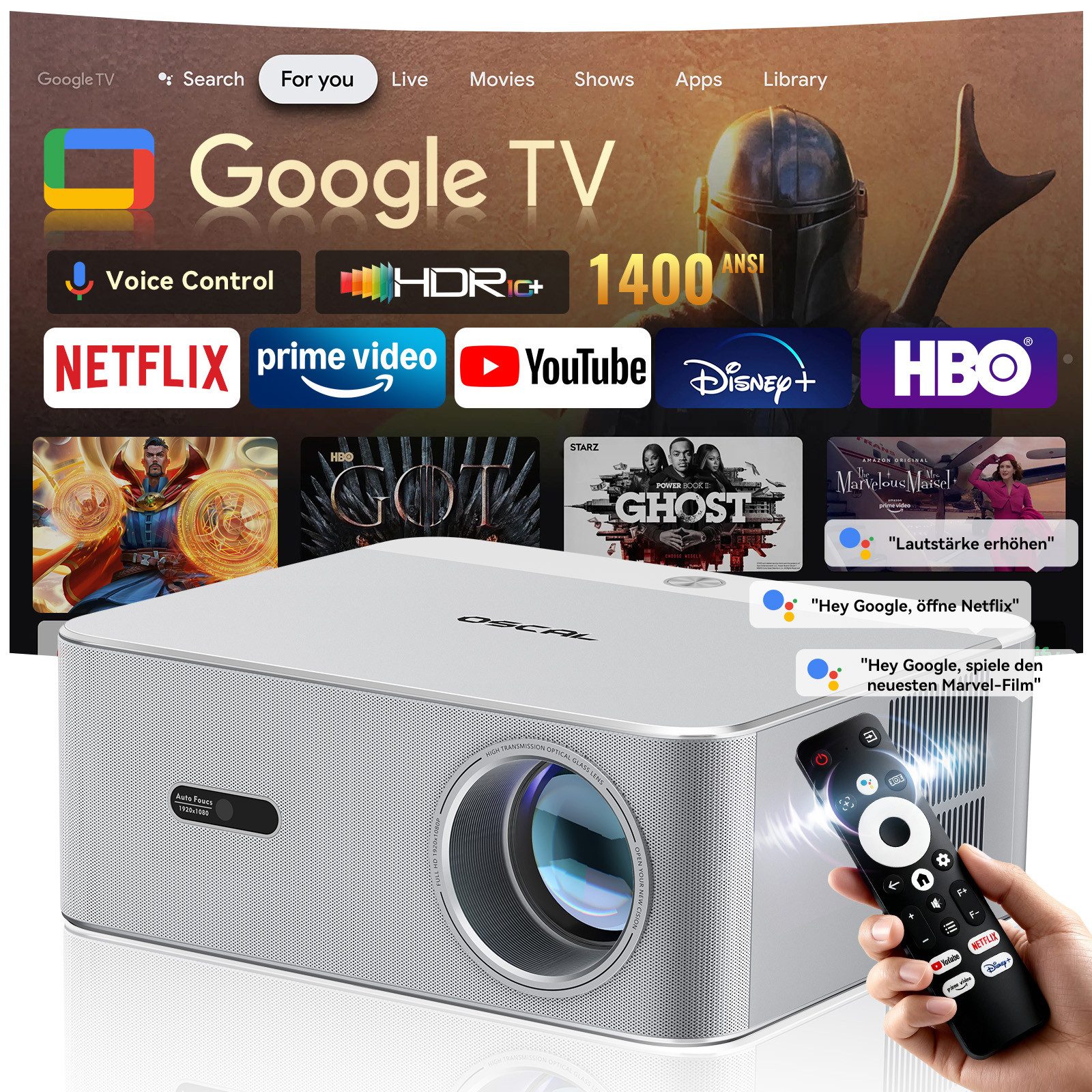 OSCAL PV800 PRO: 1400 ANSI Lumen, 4K, Google TV mit Netflix, WiFi 6 LED-Beamer (Google TV, WiFi 6, Auto-Fokus, Auto-Keystone,BT 5.0, 4000:1 Kontrast)