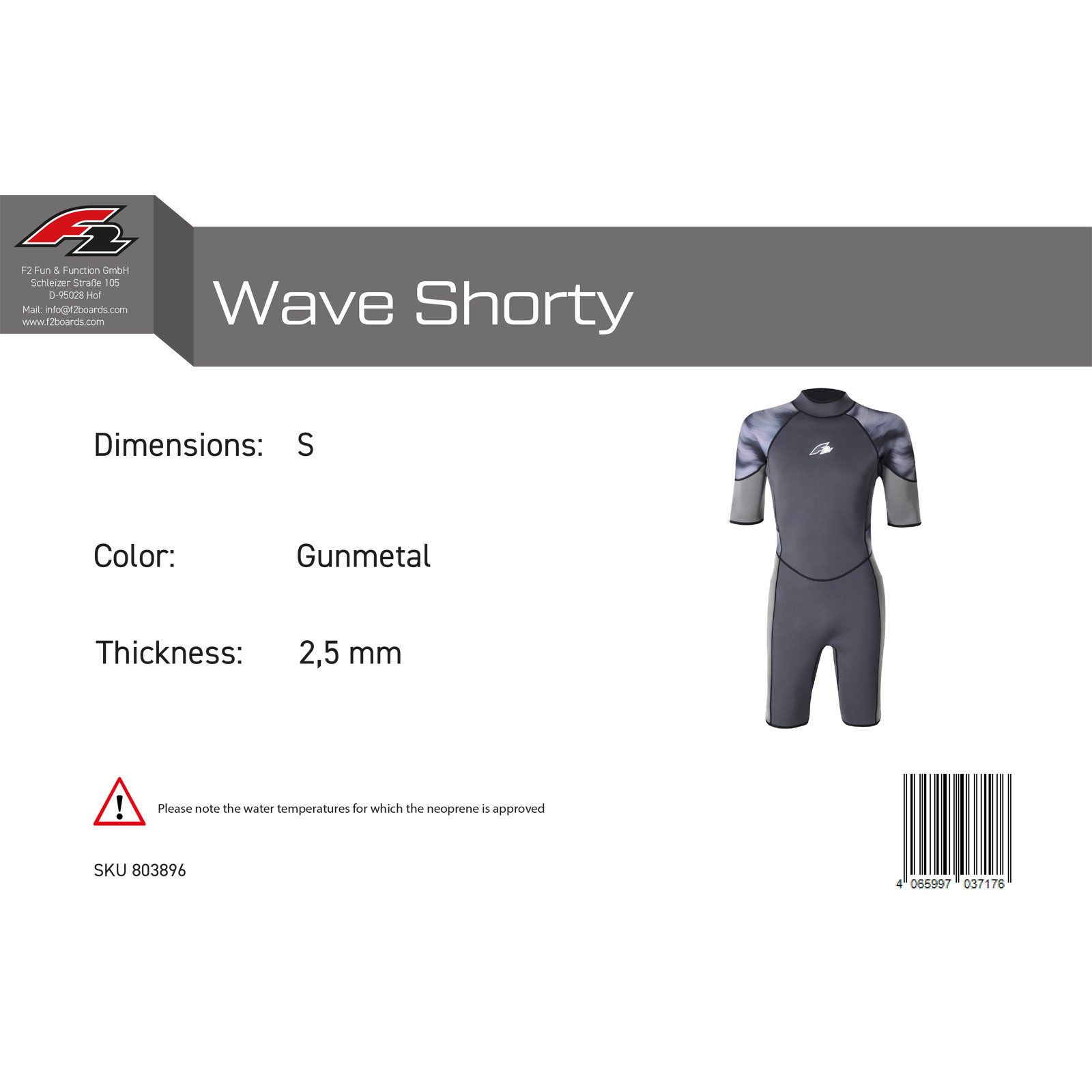 F2 Neoprenanzug F2 Herren Neopren Anzug Wave Shorty 2,5 mm S Anthrazit 2024/25