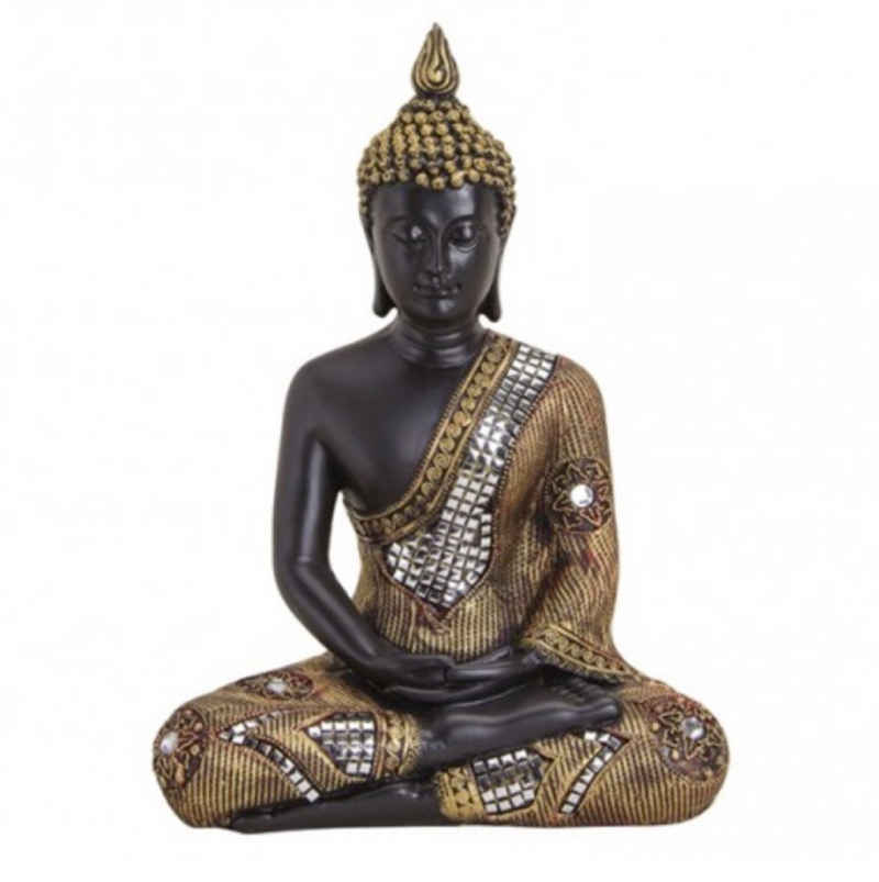 G. Wurm Dekoobjekt, Große Buddha-Figur meditierend sitzend, 27 cm in schwarz Gold, mit feiner Struktur gemuster, Wohnaccessoire, schöne Thai Statue, innen und außen