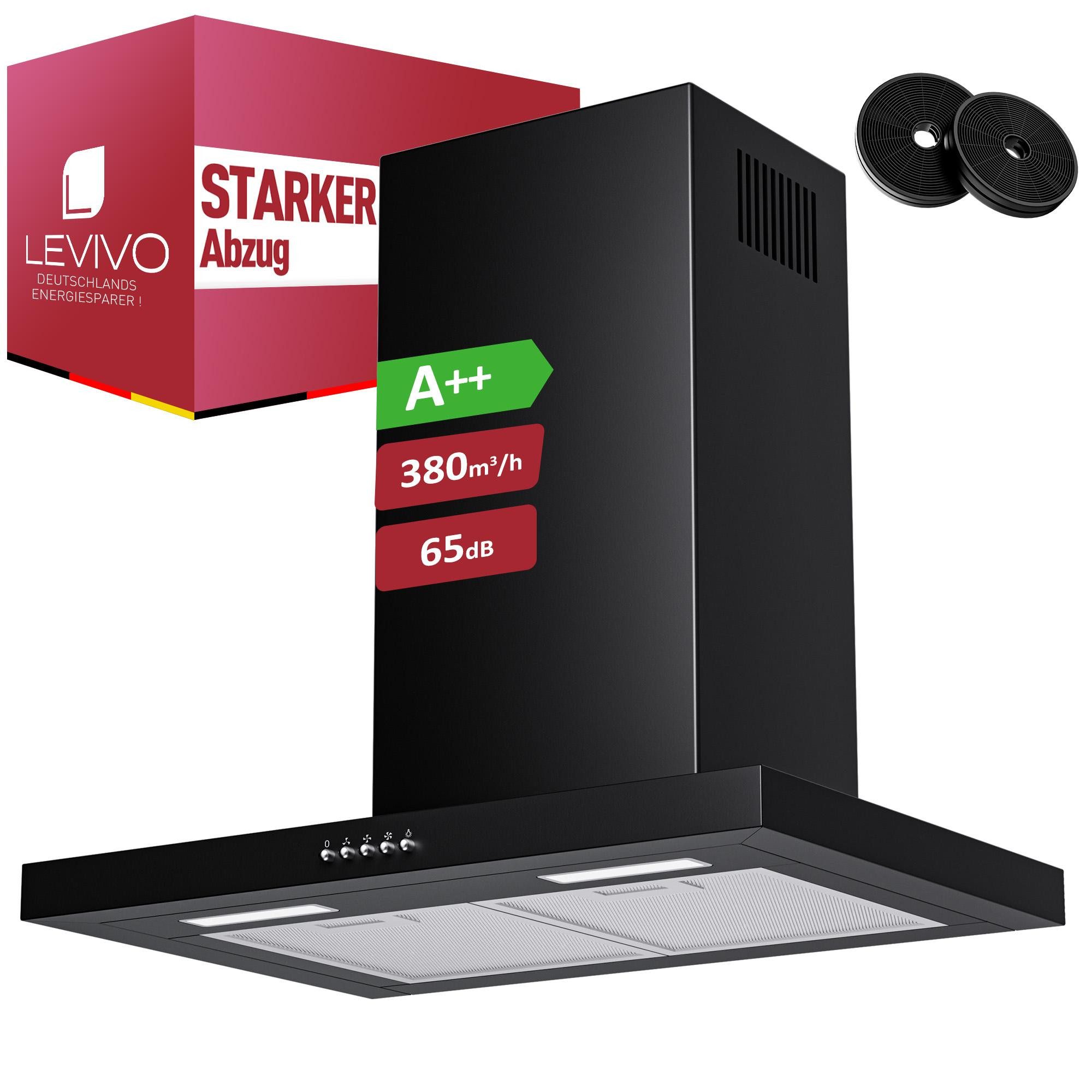 Levivo Wandhaube A++ Dunstabzugshaube 60cm Umluft & Abluft mit 380 m³/h A++ Dunstabzugshaube 60cm Umluft & Abluft mit 380 m³/h, Aktivkohlefiltern, Fettfiltern, LED-Beleuchtung