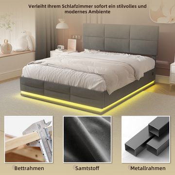 Merax Polsterbett, mit Bettkasten und LED, Stauraumbett 140x200cm, Doppelbett mit USB