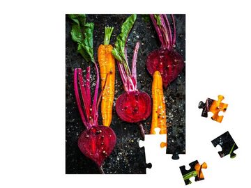 puzzleYOU Puzzle Rohes Gemüse zum Braten auf einem Backblech, 48 Puzzleteile, puzzleYOU-Kollektionen Gemüse, Essen und Trinken