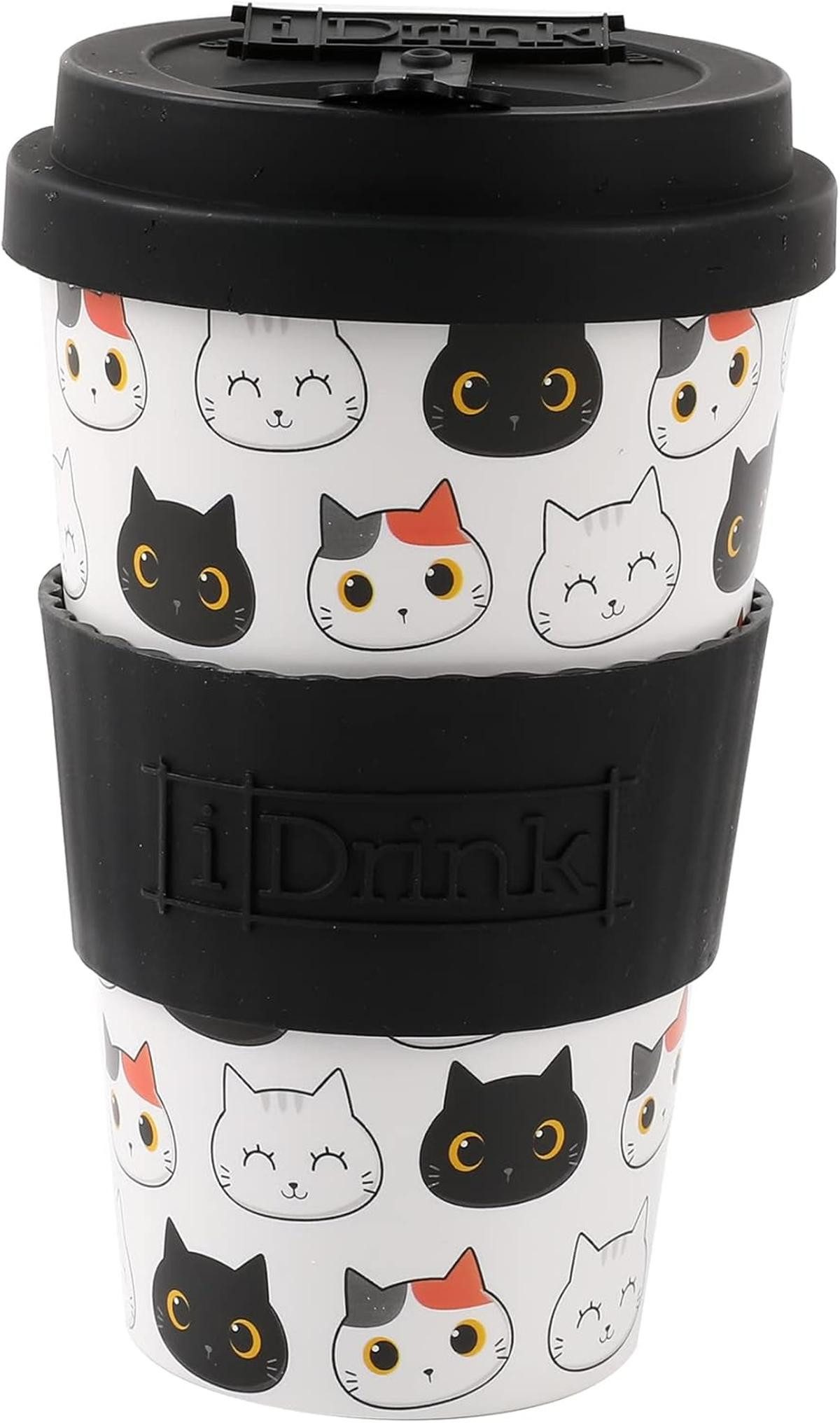 iDrink Thermobecher IDRINK®- RPET-Kaffeebecher mit Silikonverschluss 435 ml Becher Katzen