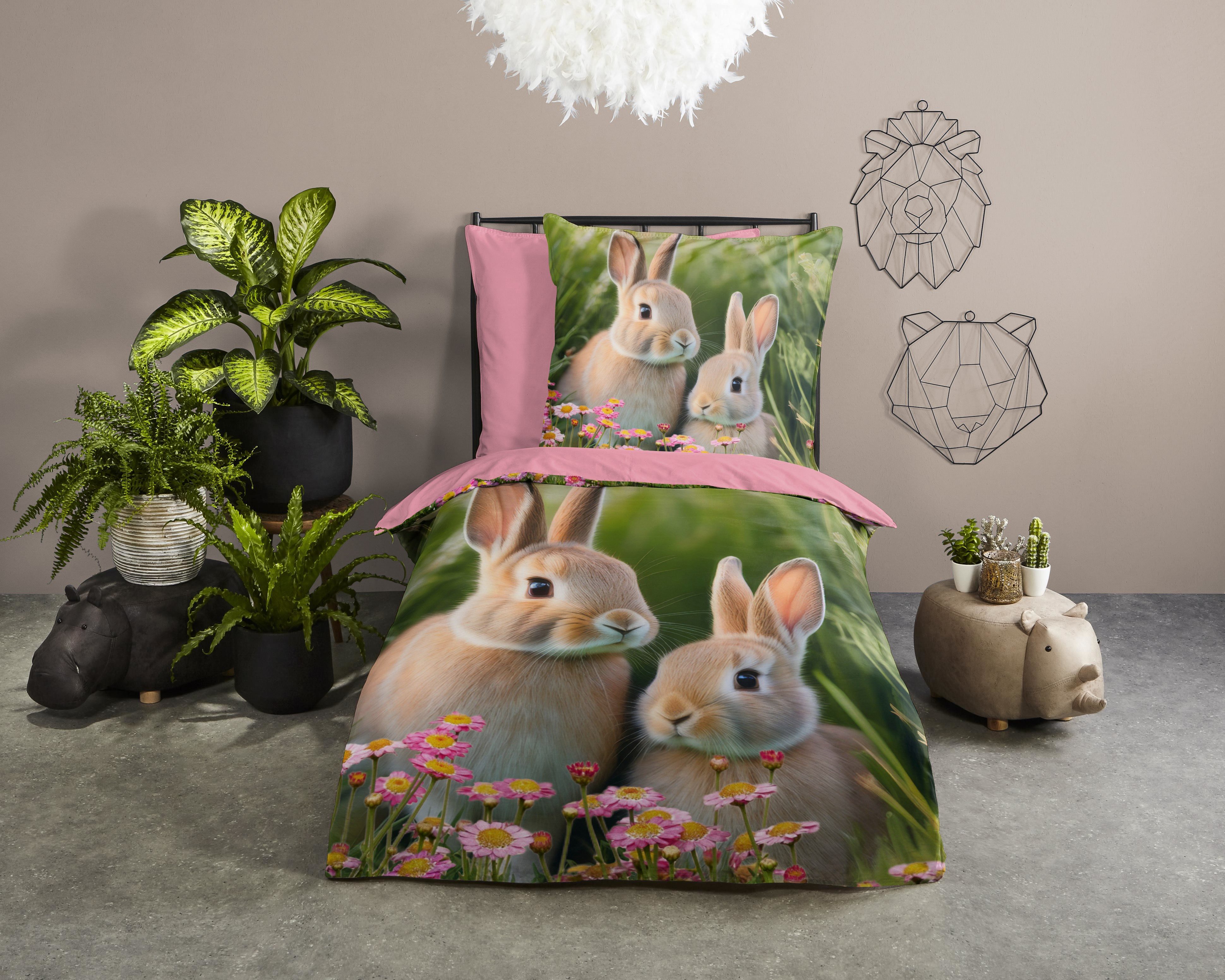 PURE luxury collection Kinderbettwäsche Izzy, Microfaser, 2 teilig, Mikrofaser, 135x200, 2 Teilig, Wendeoptik, Kind, Mädchen, Kaninchen