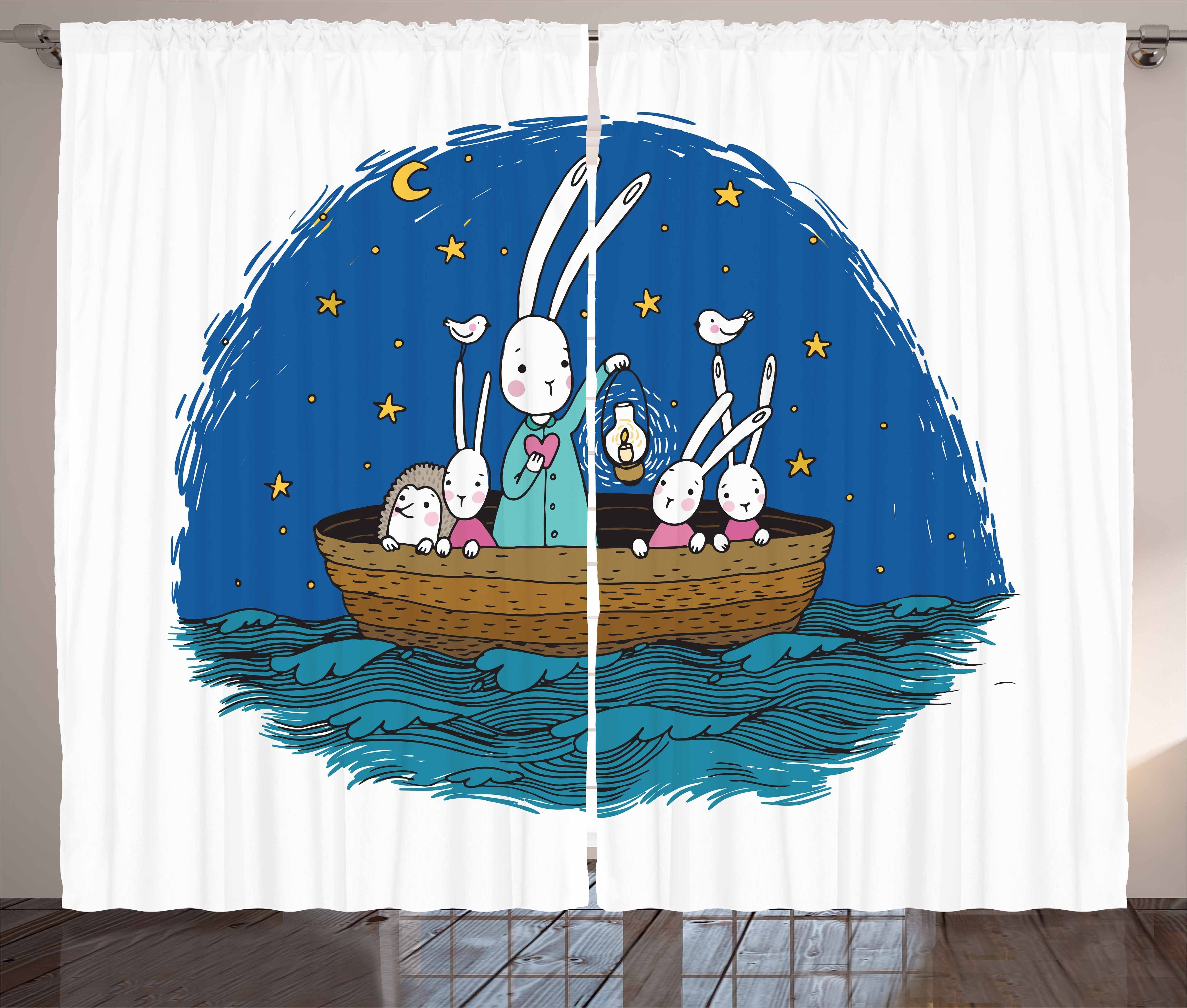 Gardine Schlafzimmer Kräuselband Vorhang mit Schlaufen und Haken, Abakuhaus, Igel Hasen Igel in einem Boot