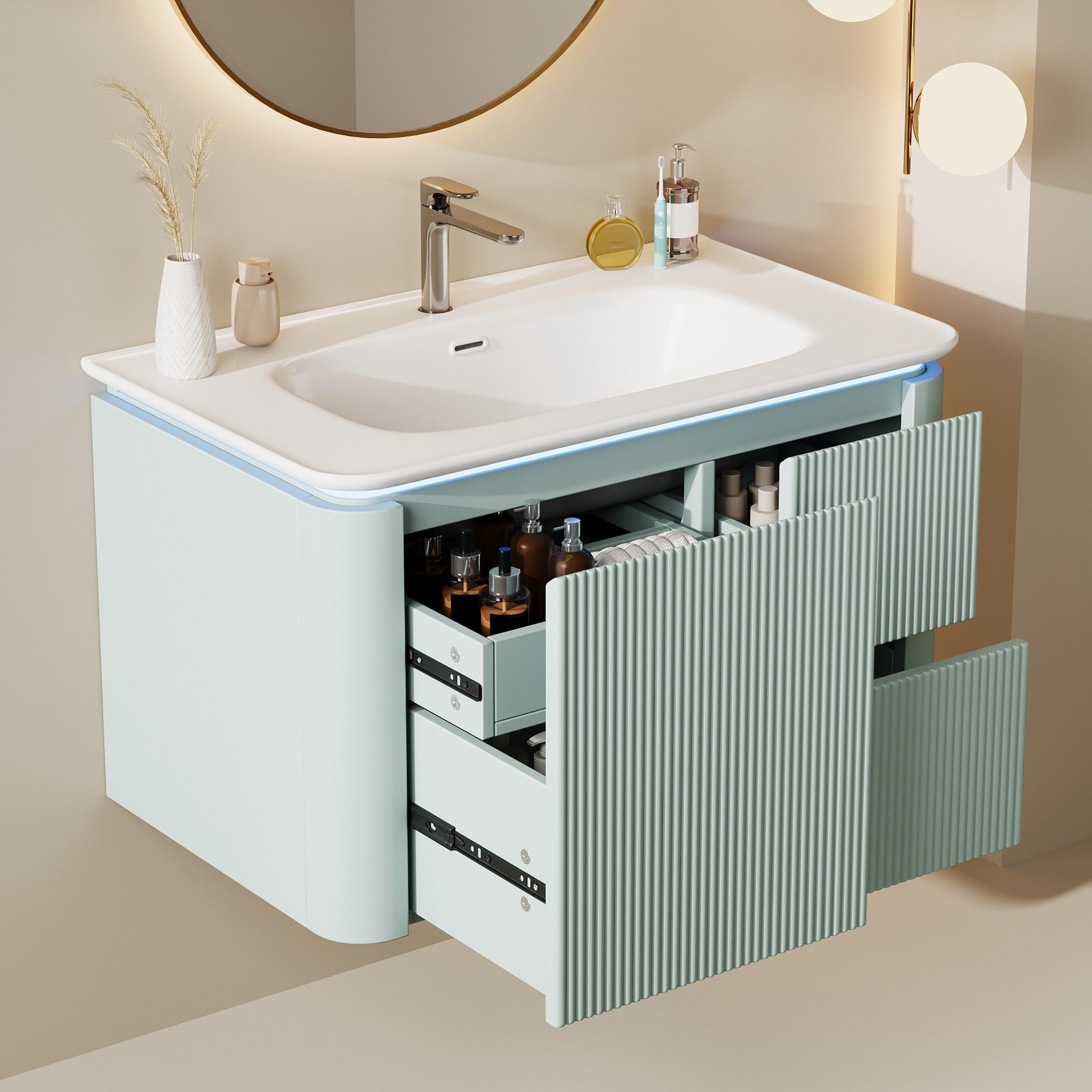Flieks Waschtisch LED-Radarsensor Waschbeckenunterschrank inkl. Waschbecken (wandhängend, Badschrank mit Led-Beleuchtung Waschplatz Badzimmer, 1-St., B80,5xT47,5/H51 cm), Badmöbel-Set Badzimmerschrank mit 4 Schubladen Volllackierung Mintgrün