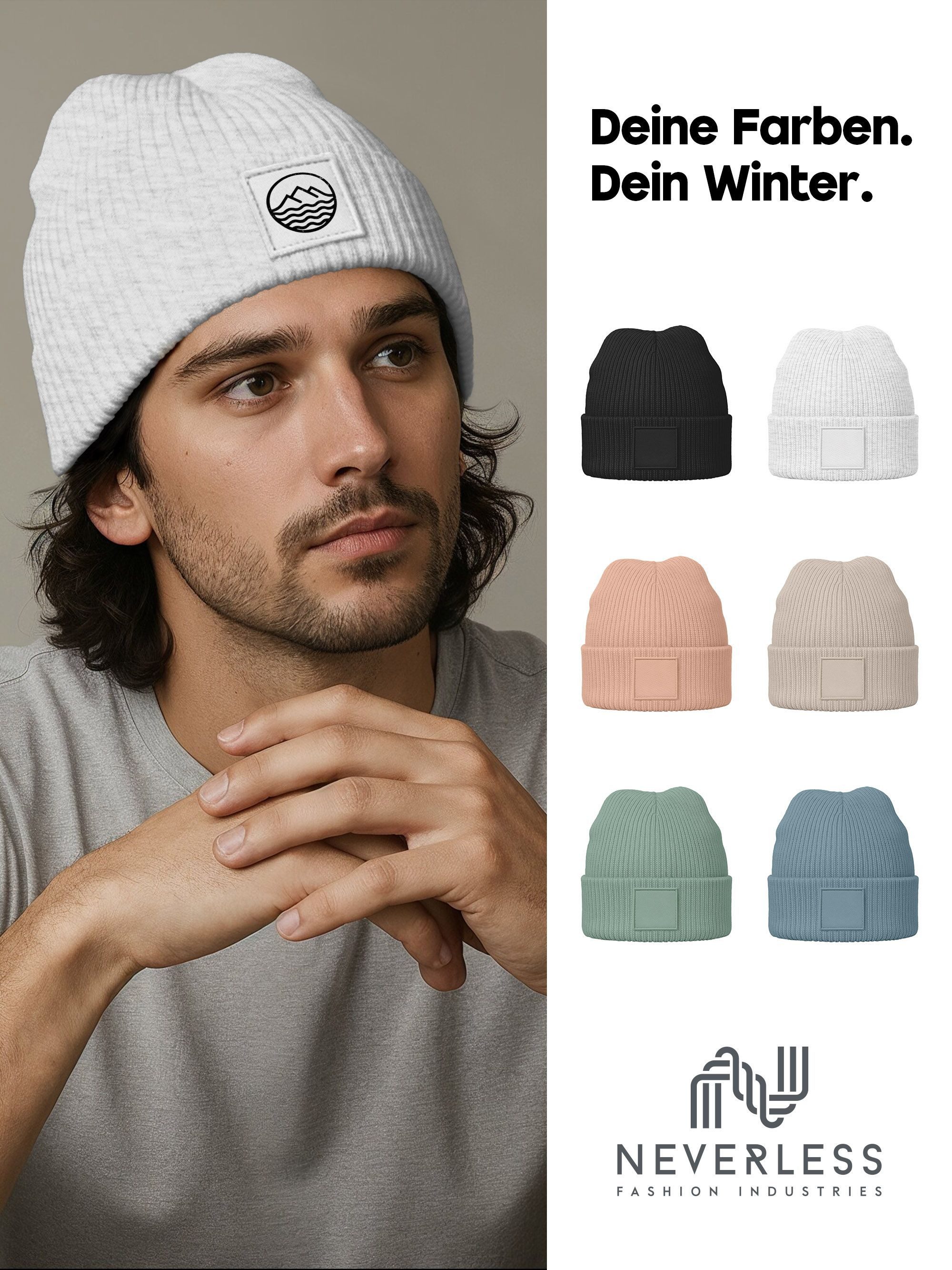 Neverless Strickmütze Herren Beanie Bedruckt Outdoor Design Wintermütze Aufdruck Logo Print