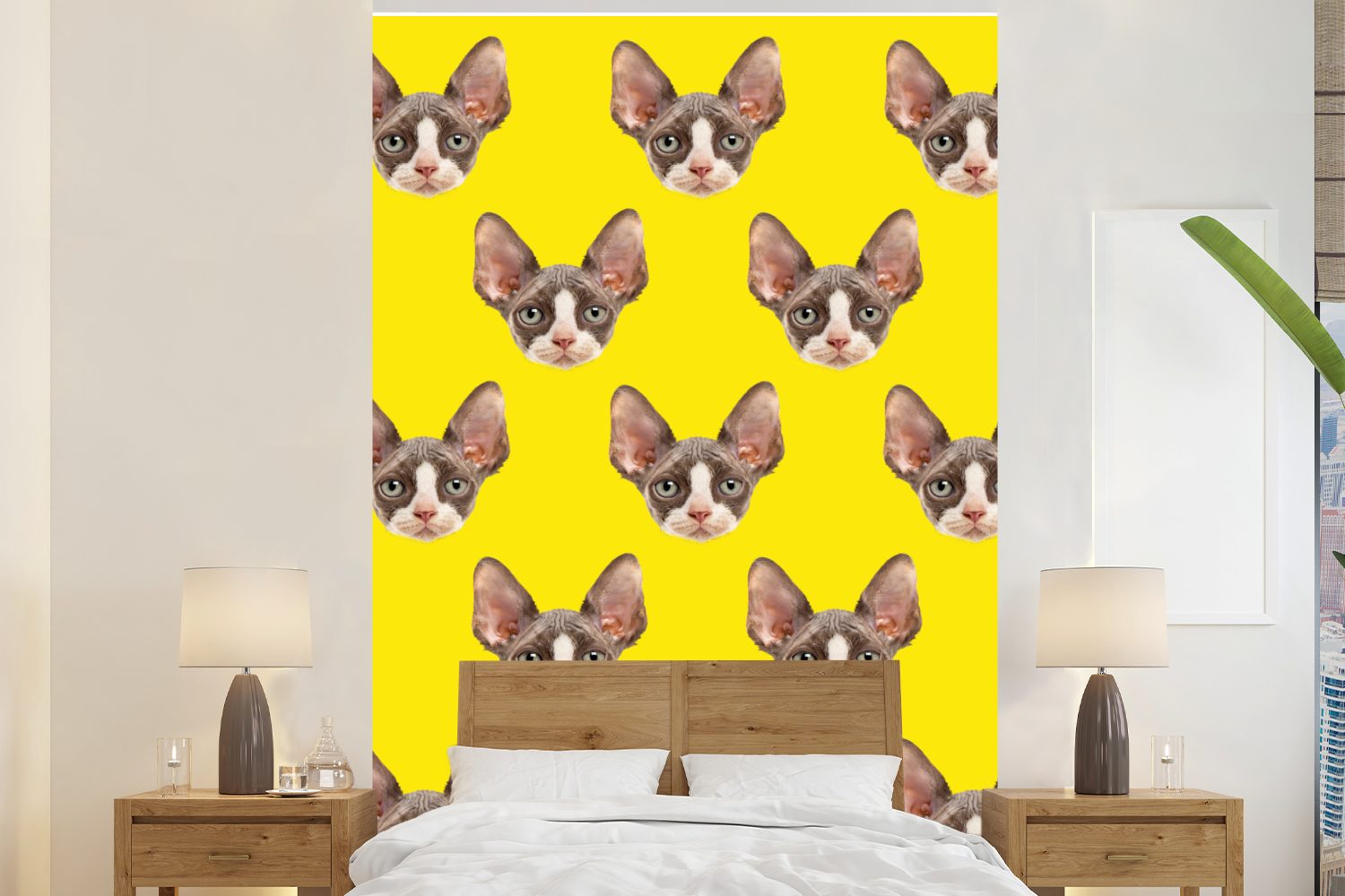 MuchoWow Fototapete Katze - Muster - Gelb, Matt, bedruckt, (3 St), Montagefertig Vinyl Tapete für Wohnzimmer, Wandtapete