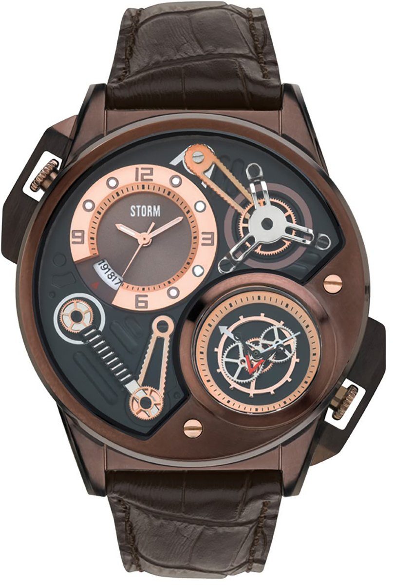 STORM Quarzuhr »Storm Herren Armband-Uhr braun«, (Armbanduhr), Herrenuhr  rund, extra groß (ca. 53mm), Edelstahl, Lederarmband, Luxus-Style