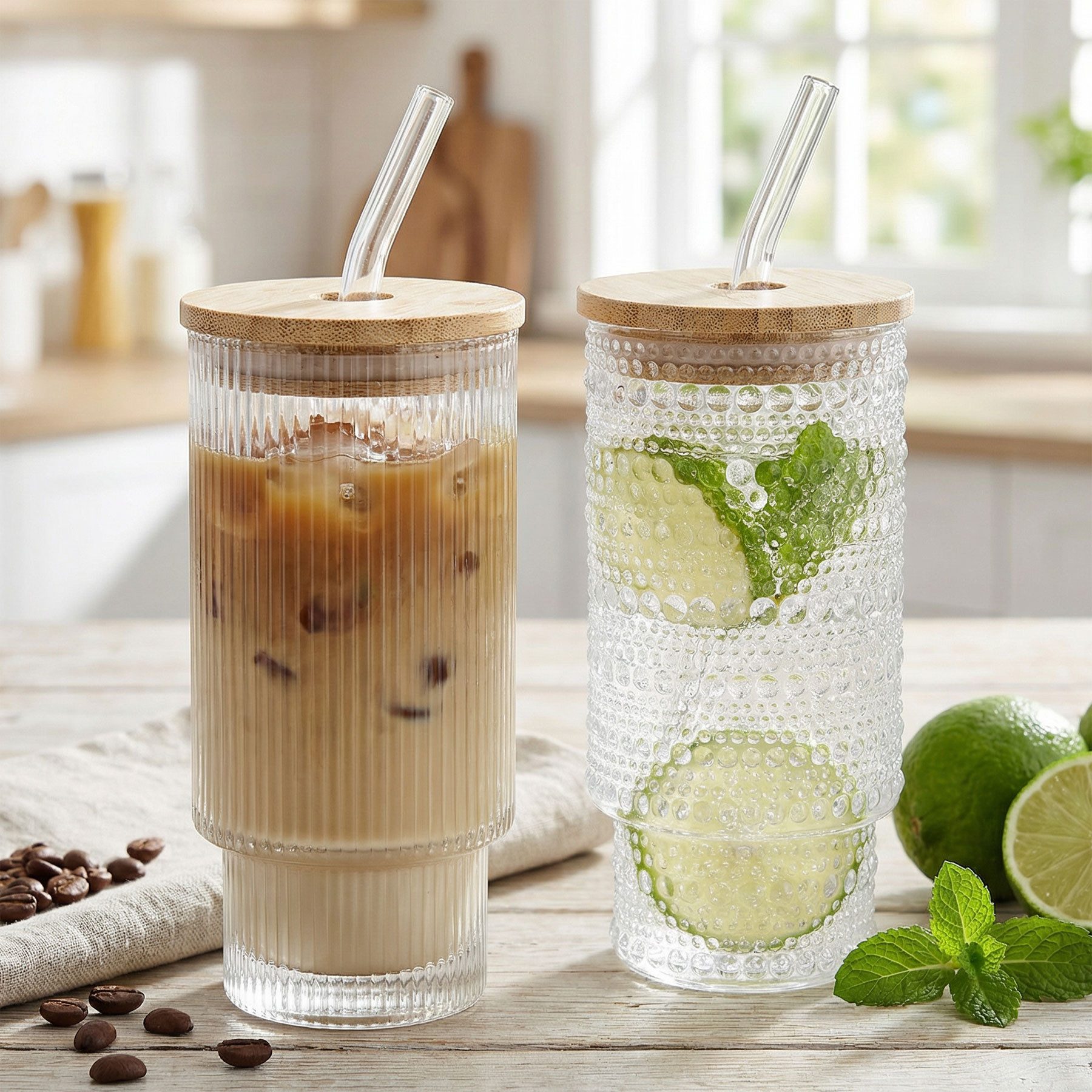 Levandeo® Glas, 2er Set Trinkglas Deckel Strohhalm 250ml Bambusdeckel Trinkbecher
