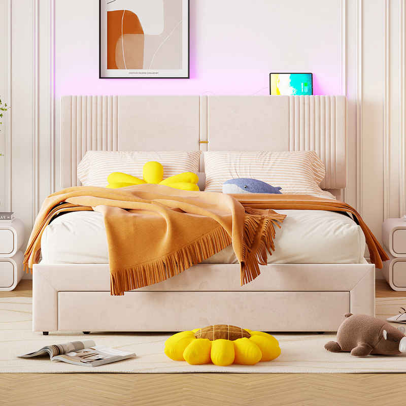 IDEASY Einzelbett Polsterbett, Einzel-/Doppelbett, USB-Anschluss, Flanell, (Polsterung aus hochdichtem Schaumstoff), Schublade unter dem Bett, 140 cm x 200 cm und 160 cm x 200 cm
