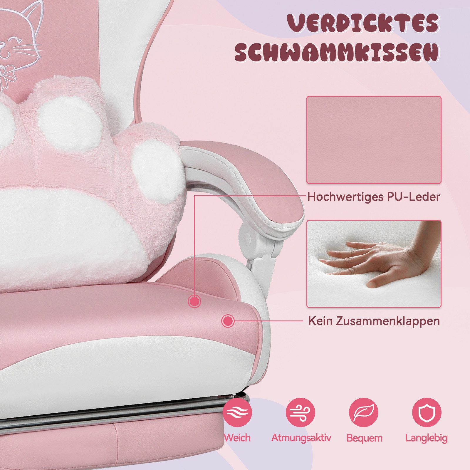 Puluomis Gaming-Stuhl Bürostuhl Ergonomisch mit Katzenpfote Lendenkissen und Katzenohren (Gamer Stuhl, Racing Computerstuhl PC Stuhl mit Fußstütze Kopfstütze), für Mädchen, Teenager, Kinder, Pink