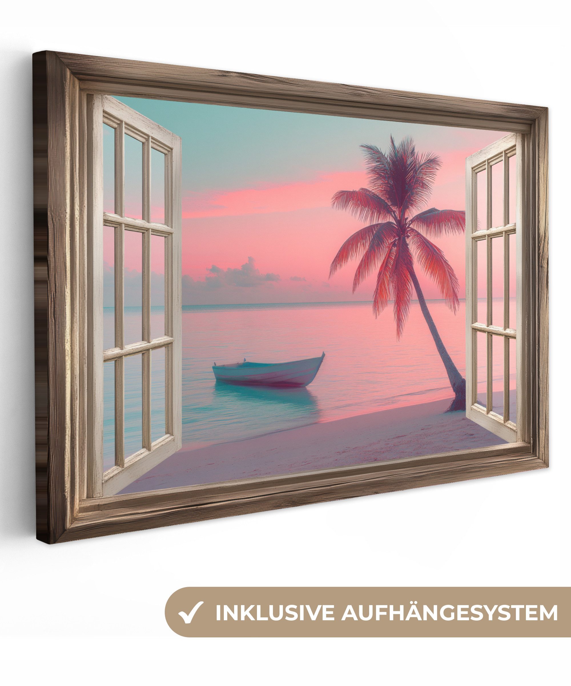 OneMillionCanvasses® Leinwandbild Durchblick - Strand - Palme - Tropisch, Fotodruck (1 St), Leinwand Bilder Klein, Wand Dekoration Aesthetic 30x20 cm