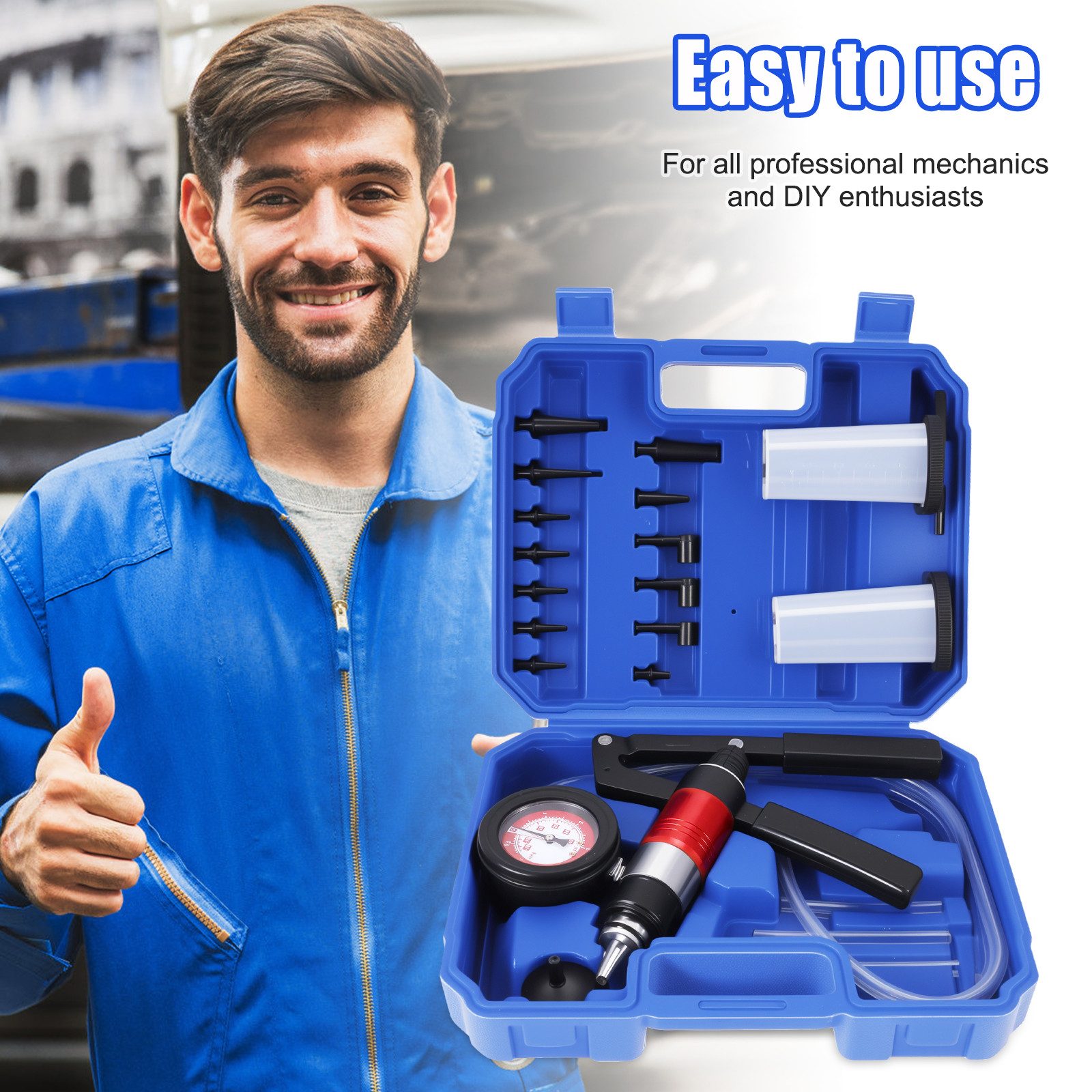 BlingBin Reifenfüllmessgerät Kfz Vakuumpumpe Handpumpe Druckpumpe Bremsenentlüfter Vakuumtester Kit, 1er Set, 22-tlg., 21tlg Vakuumtester Kit, Auto Unterdruckpumpe Bremsen Entlüften Unterdruck Prüfgerät