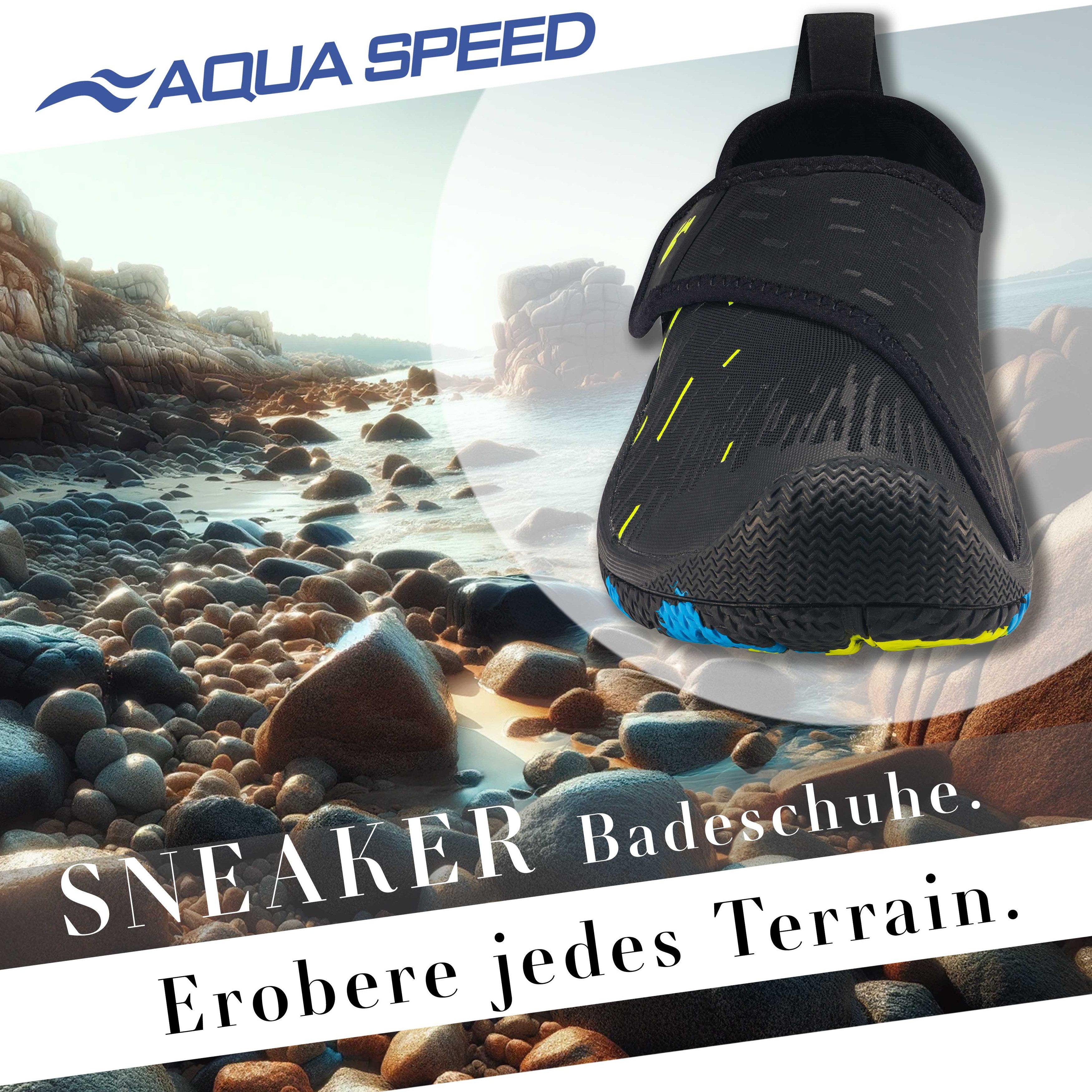 Aqua Speed Tegu Strandschuhe Gr. 45 – Schwarz/Fluor Gelb + Handtuch im Set Wasserschuh (Thermen- & Wellnessschuhe mit Grip – auch für rutschige Böden) Belüftet & schnell trocken – kein Schwitzen bei Bewegung