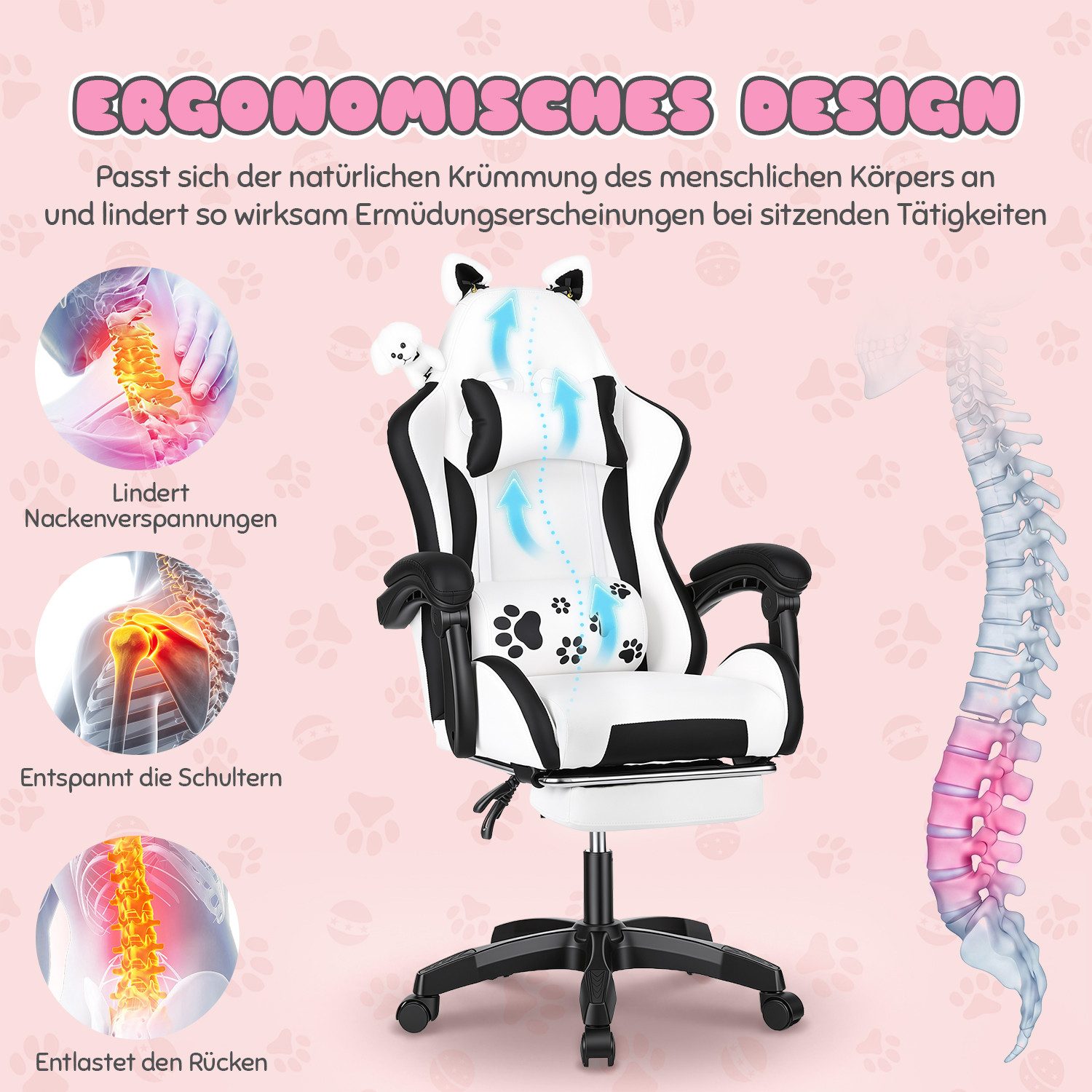 oyajia Gaming-Stuhl Bürostuhl Ergonomisch mit Kopfstütze und Katzenohren, PU-Leder (Gamer Stuhl, Racing Computerstuhl PC Stuhl mit Fußstütze Kopfstütze, 1 St), 115-125cm verstellbare Sitzhöhe, mit Lendenwirbelstütze