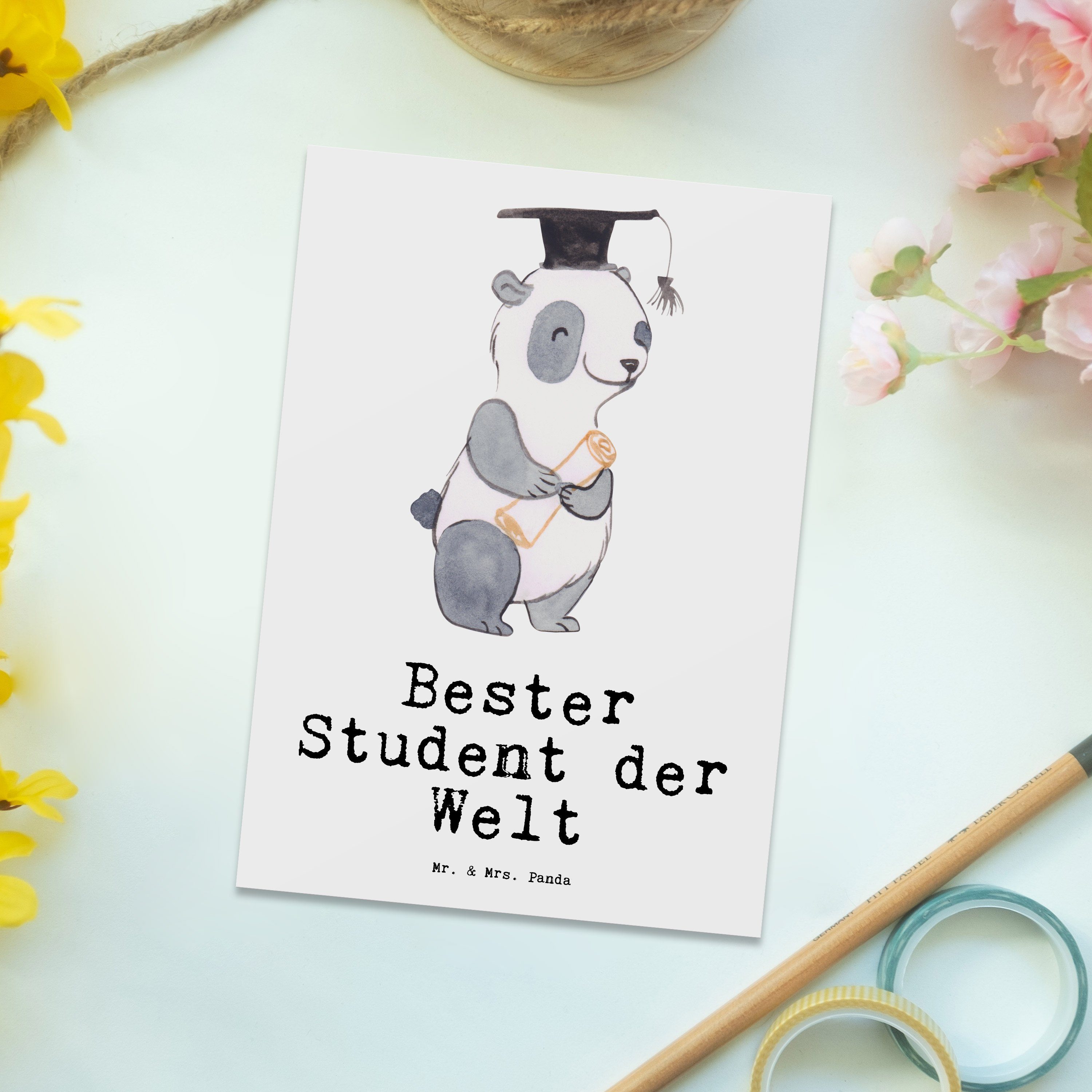 Mr. & Mrs. Panda witzig, Einladung, Bester Student Hochschule, Welt - Panda Postkarte der Weiß Schenken, Karte Danke, Geschenkkarte, Geschenktipp, Grußkarte, Geschenk, - für