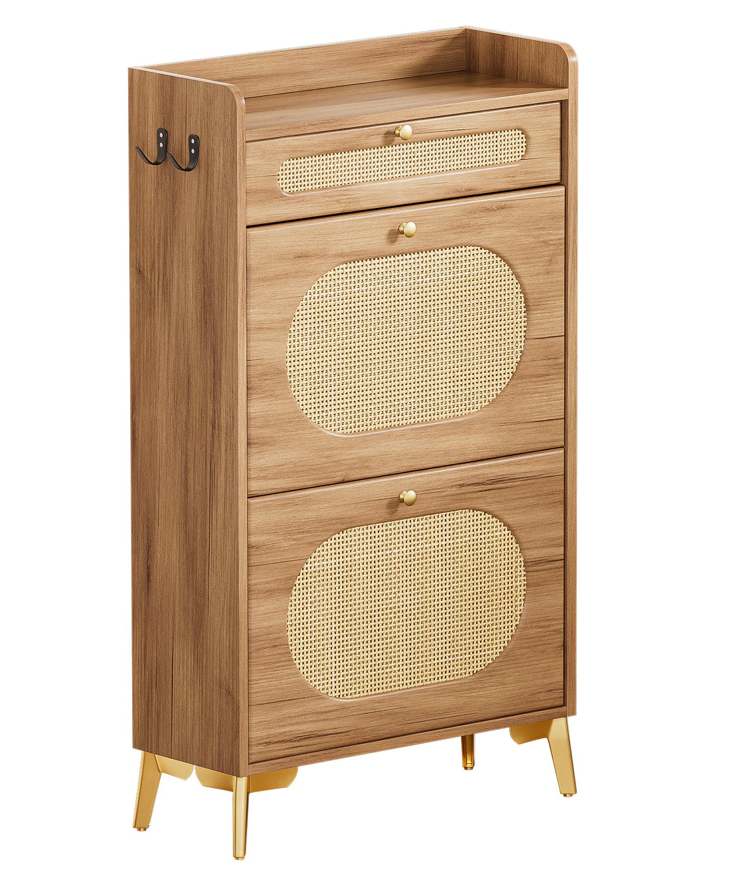 Yorbay Schuhschrank Schmal,Schuhkipper mit 2 Klappen & 1 Schublade,Rattan-Deko (60 x 24 x 110,5 cm) Metallbeinen & Haken, für Flur & Eingangsbereich
