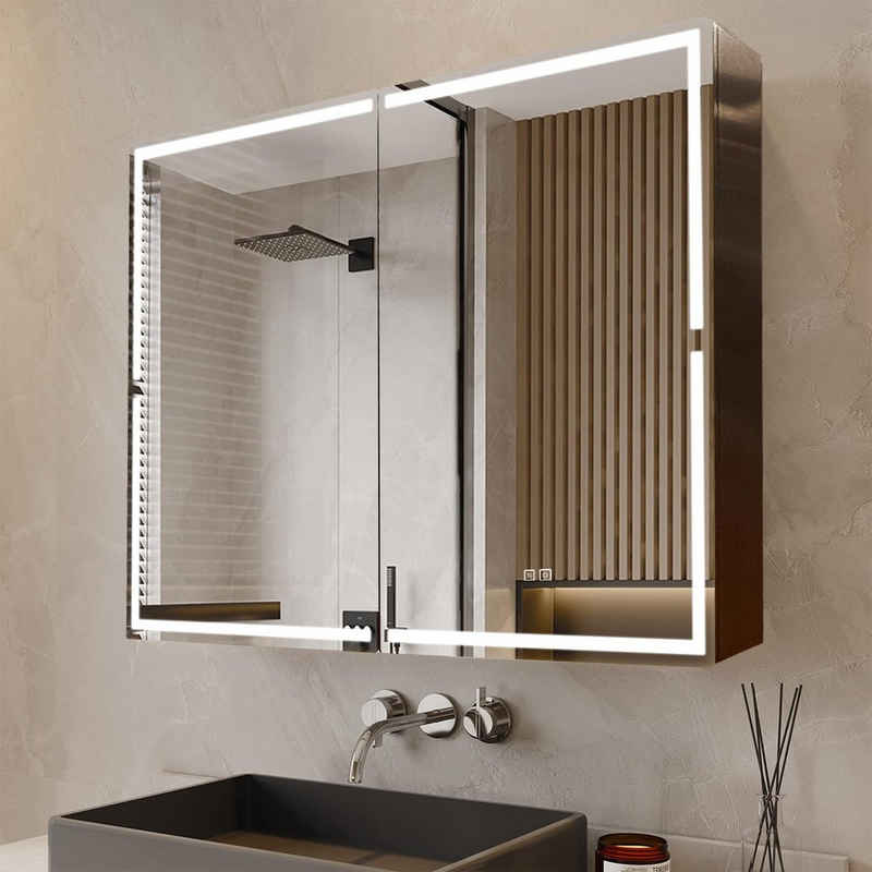 Fine Life Pro Schminkspiegel Aluminiumlegierung Spiegelschrank Bad mit Beleuchtung, 100 x 70cm, 3-Farbiger dimmbarer, Verstellbares Glasfach, Entnebelungsfunktion