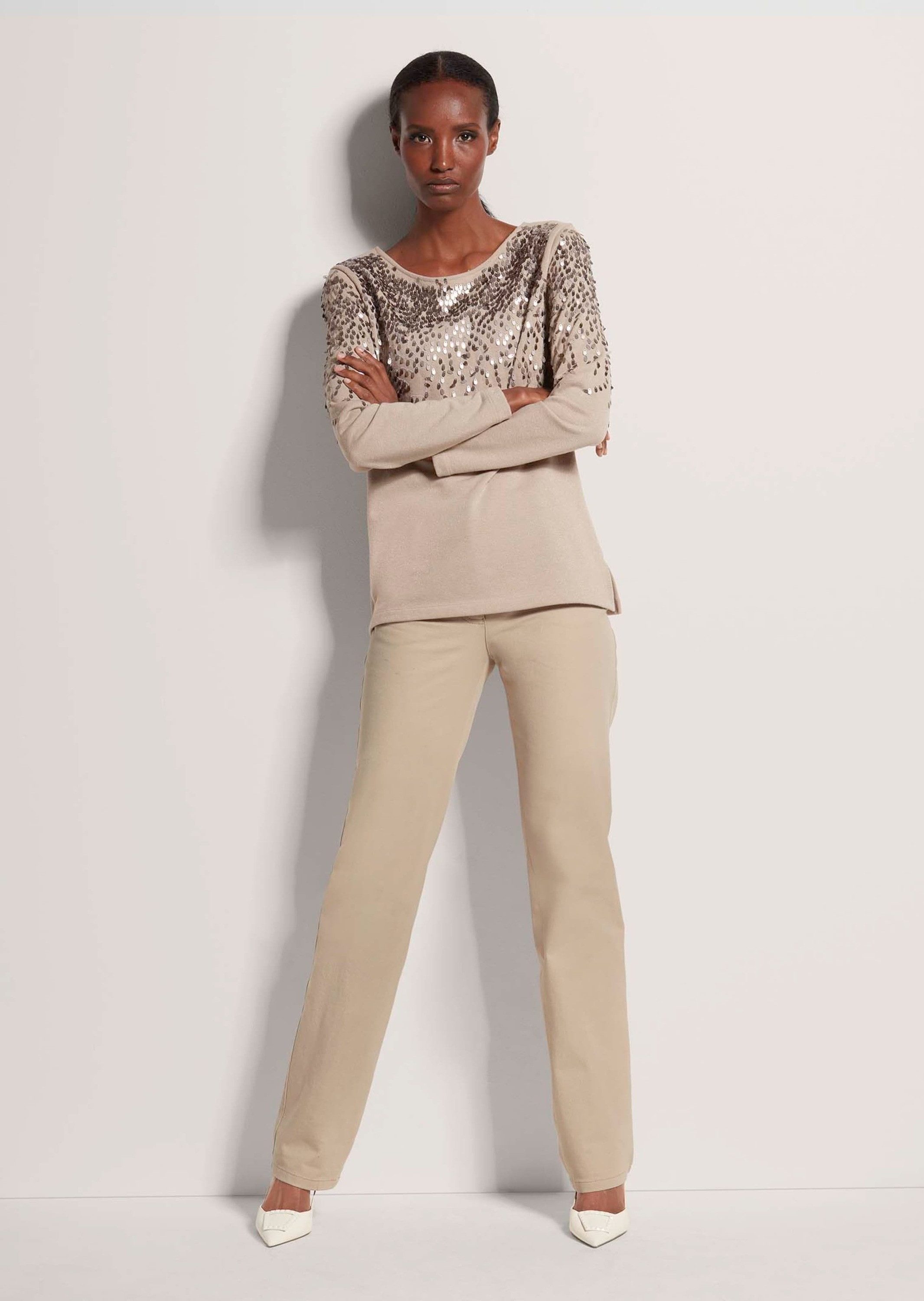 MADELEINE Langarmshirt Glitzeroberteil mit funkelnden Details Eleganter Damensweater mit Pailletten und Glanzgarn, Langarm