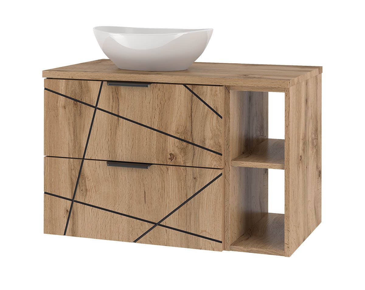 einfachgutemoebel Waschtisch-Set Badset 3-tlg. Waschtisch 80cm STRIATA, Wotan-Eiche mit Regalfach, (Badmöbel Set, 1-St., Waschtisch Unterschrank)