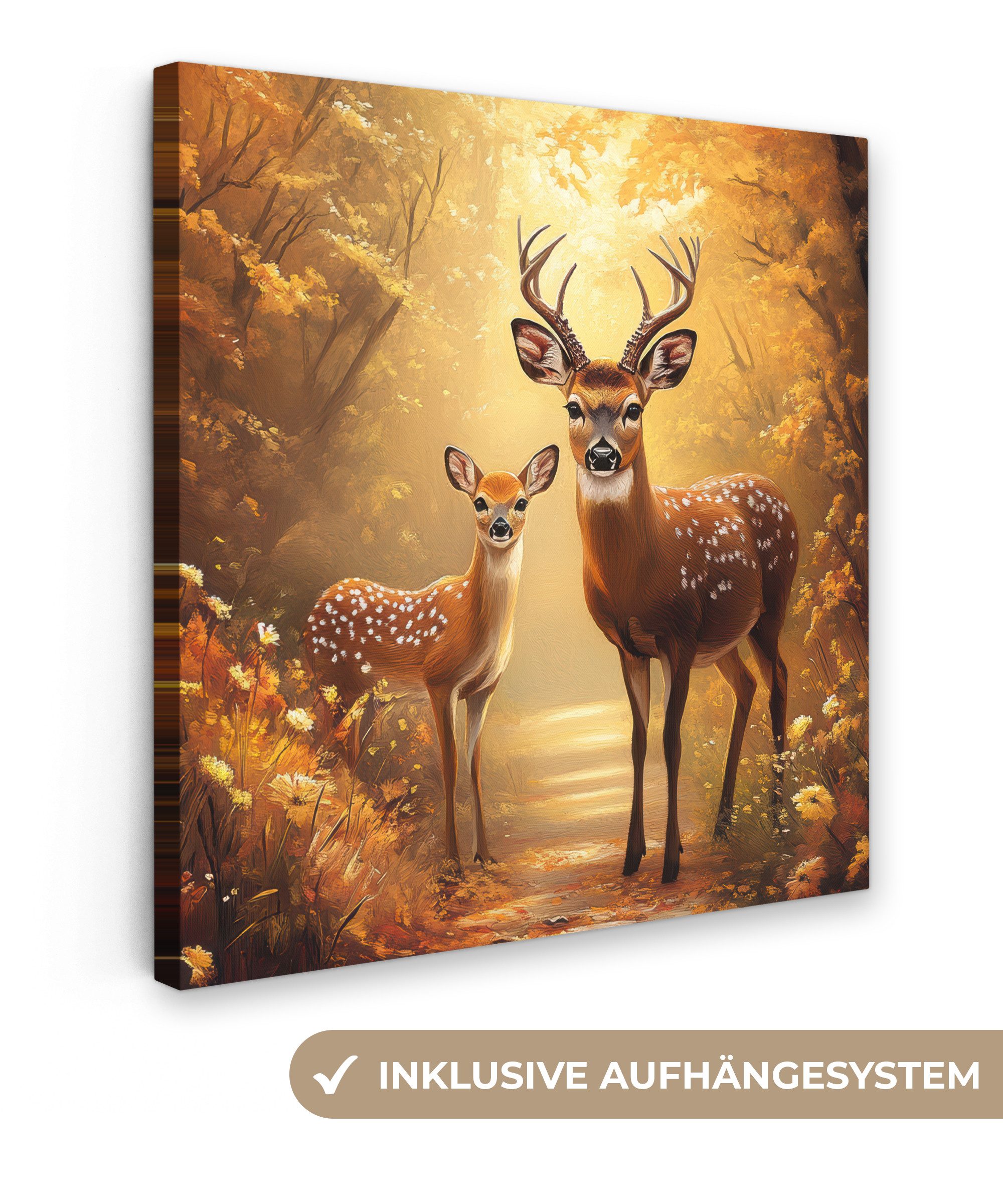 OneMillionCanvasses® Leinwandbild Herbst - Wald - Hirsche - Tiere - Natur - Braun, Fotodruck (1 St), Wandbild, Deko Schlafzimmer Wohnzimmer Flur 20x20 cm