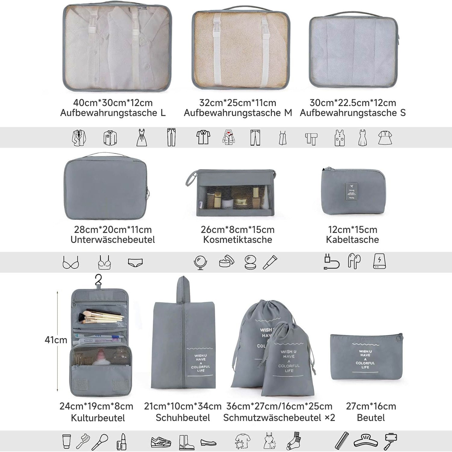 OSTWOLKE Kofferorganizer 11-teilig Koffer Organizer Set Packing Cubes für Urlaub Reisen, Wasserdicht, mit Kosmetiktasche, Schuhbeutel, Kulturbeutel