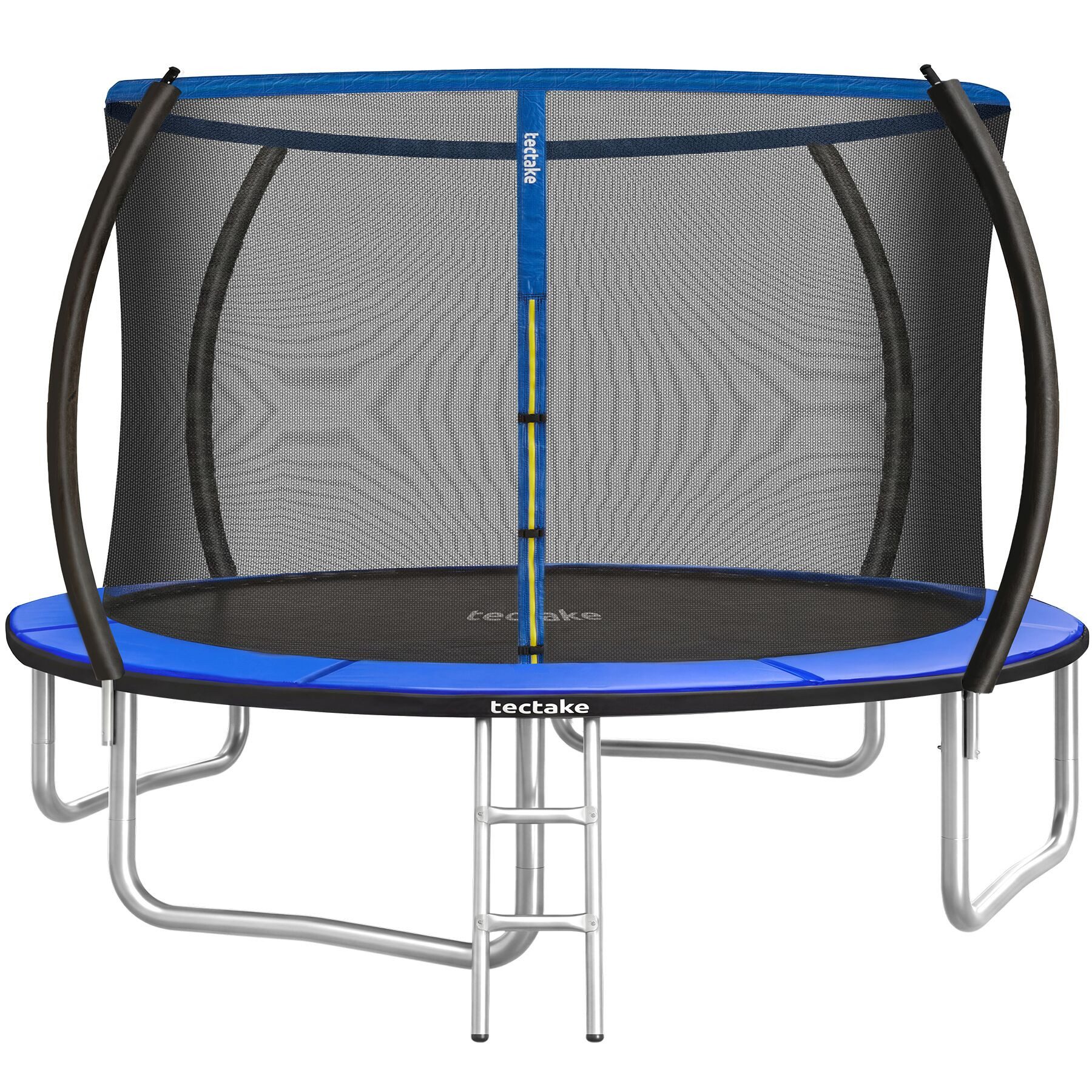 tectake Gartentrampolin Kindertrampolin mit Einstiegsleiter und Sicherheitsnetz Ø 305 cm, (Outdoortrampolin Jumpy, in schwarz/blau), GS zertifiziert, Randabdeckung, reißfestes Sprungtuch