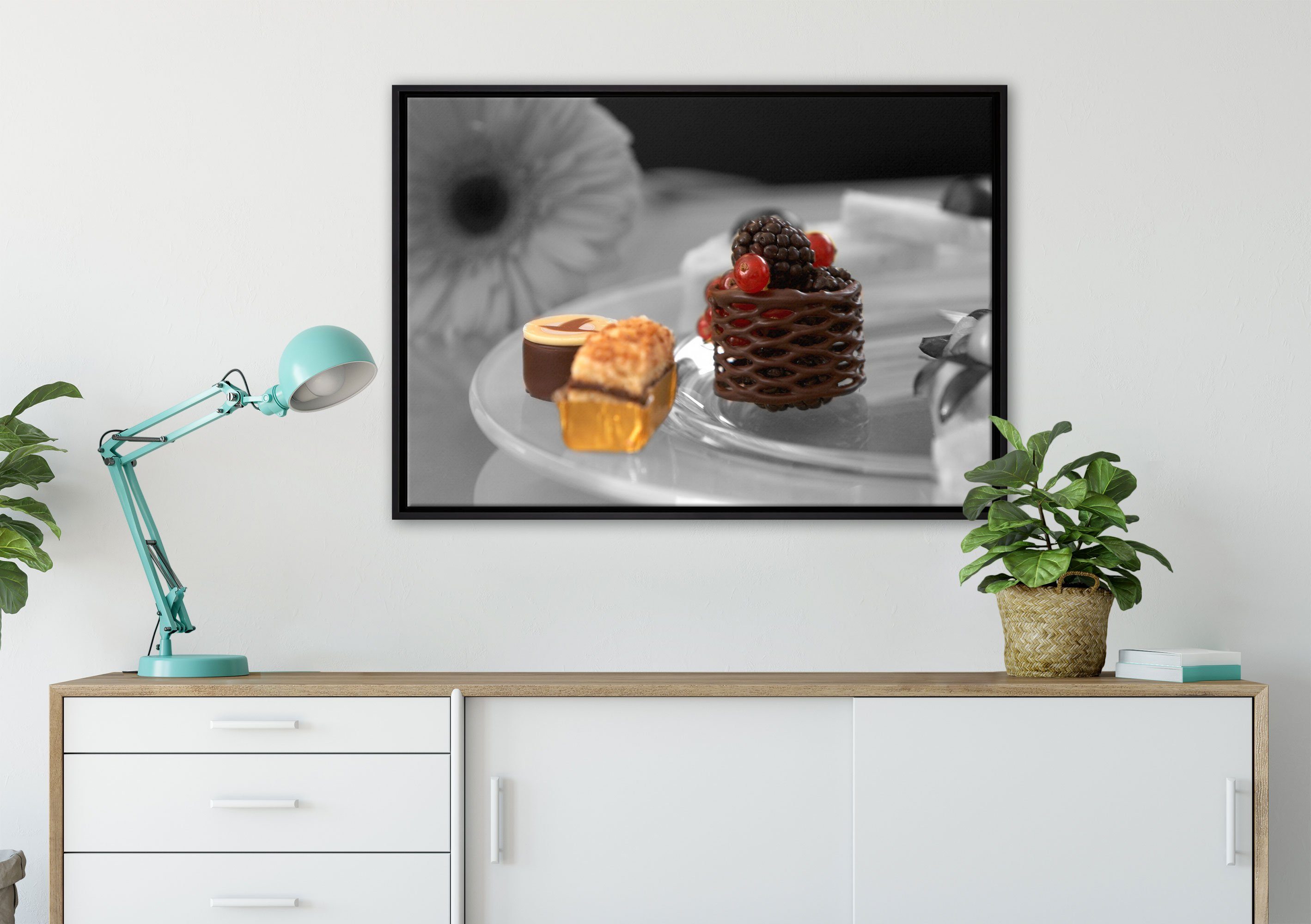 einem inkl. bespannt, Zackenaufhänger Wanddekoration Desserts, Schattenfugen-Bilderrahmen Leinwandbild gefasst, Leinwandbild fertig in appetitliche (1 süße Pixxprint St),