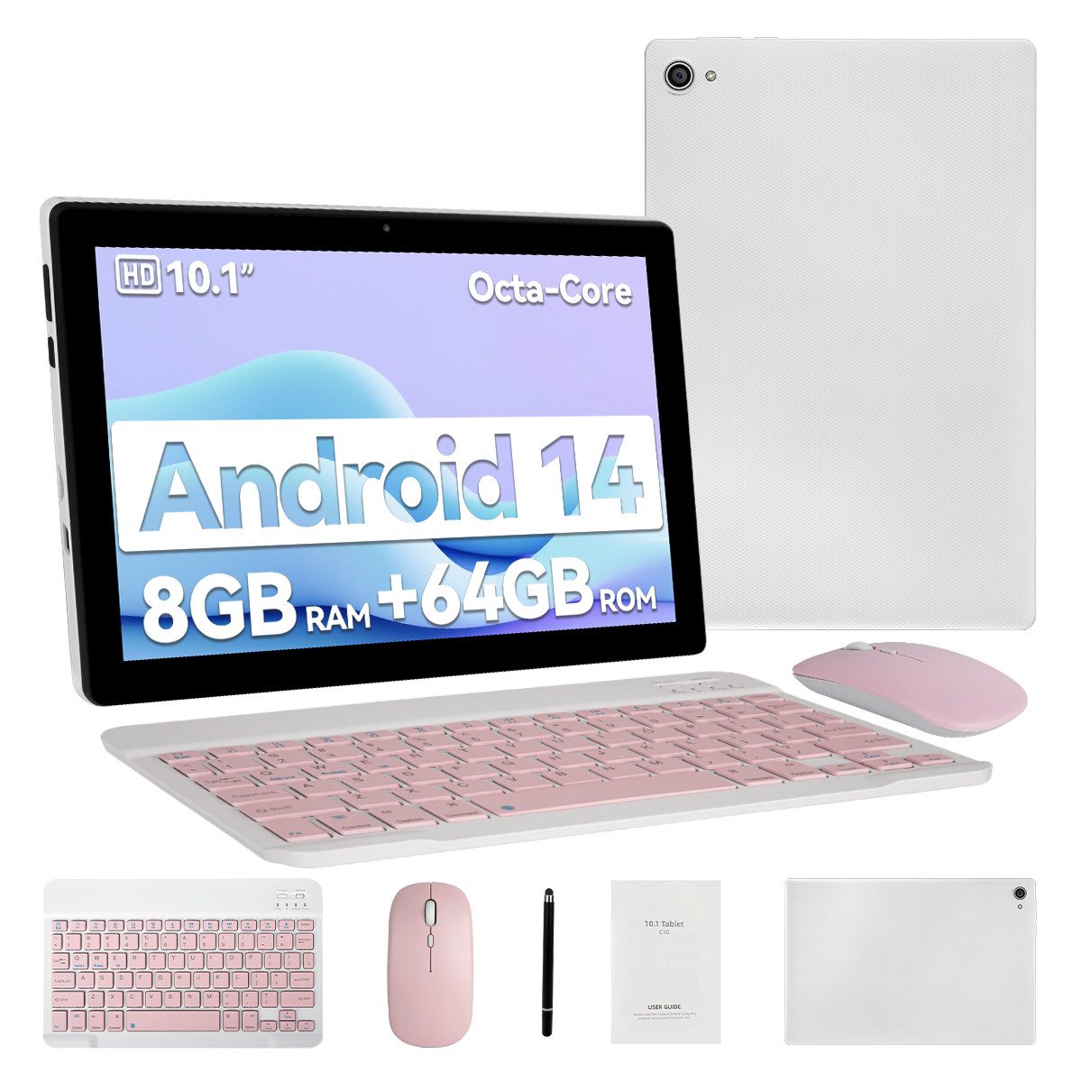 Happybe 10,1 Zoll 64GB, Android 14, HD 1280x800, mit Tastatur, Maus und Stylus Tablet (10", 64 GB, Android, WiFi6, Android 14, 8GB RAM, Widevine L1, Komplettset mit Tastatur/Stift/Maus)