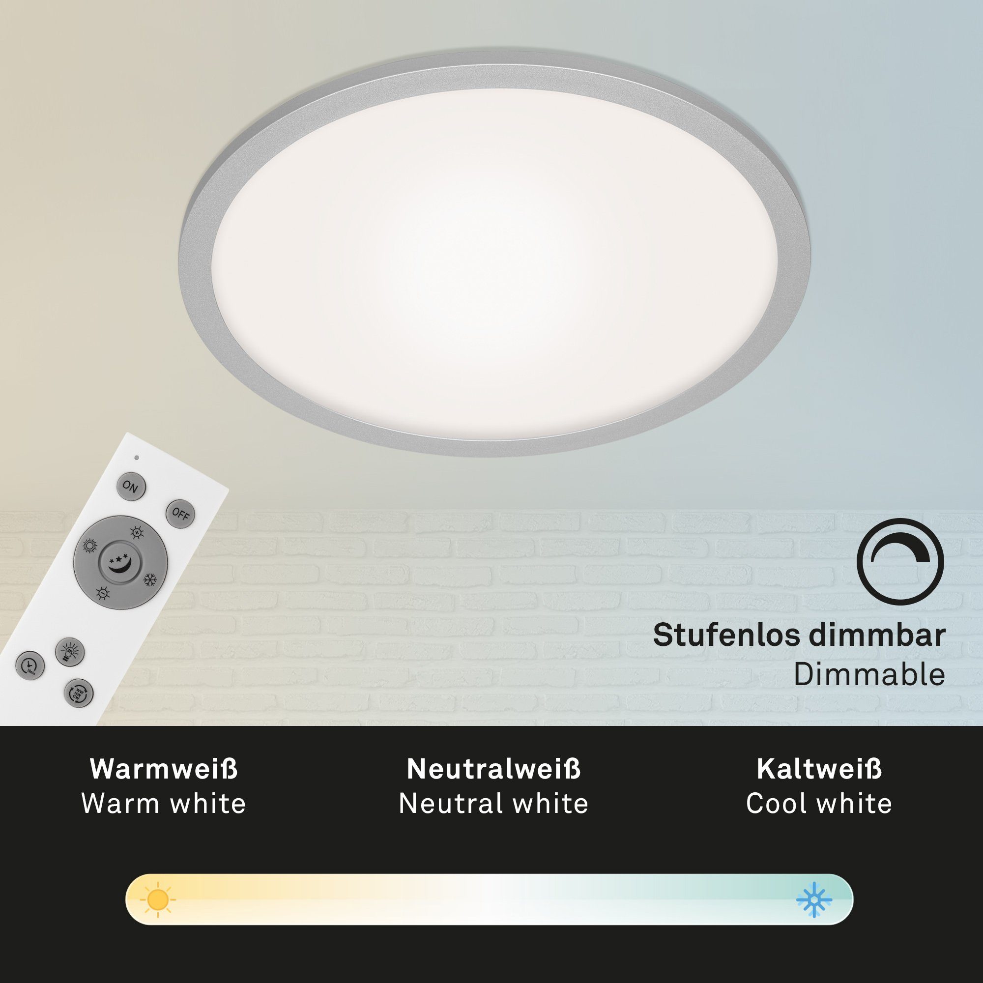 Briloner Leuchten LED Panel 7168-014, LED Warmweiß, dimmbar, verbaut, Farbtemperatursteuerung, Wohnzimmer, 24W, CCT Nachtlicht, Deckenlampe, Fernbedienung, Kaltweiß, 40x6,2cm, fest Tageslichtweiß, Neutralweiß, ultraflach, Küche Silber, Schlafzimmer