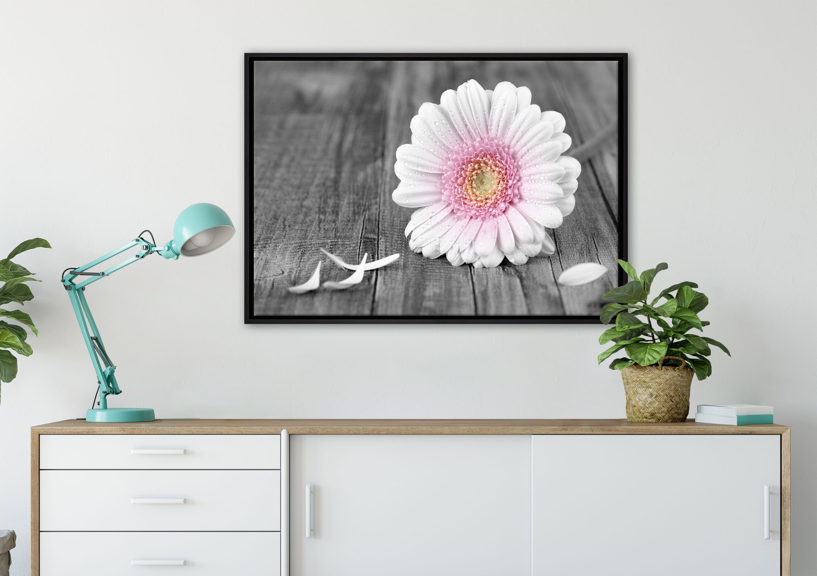 Schattenfugen-Bilderrahmen Zackenaufhänger Leinwandbild pinke Wanddekoration (1 Boden, St), bespannt, auf gefasst, fertig Leinwandbild in einem inkl. Gerbera Pixxprint rustikalem